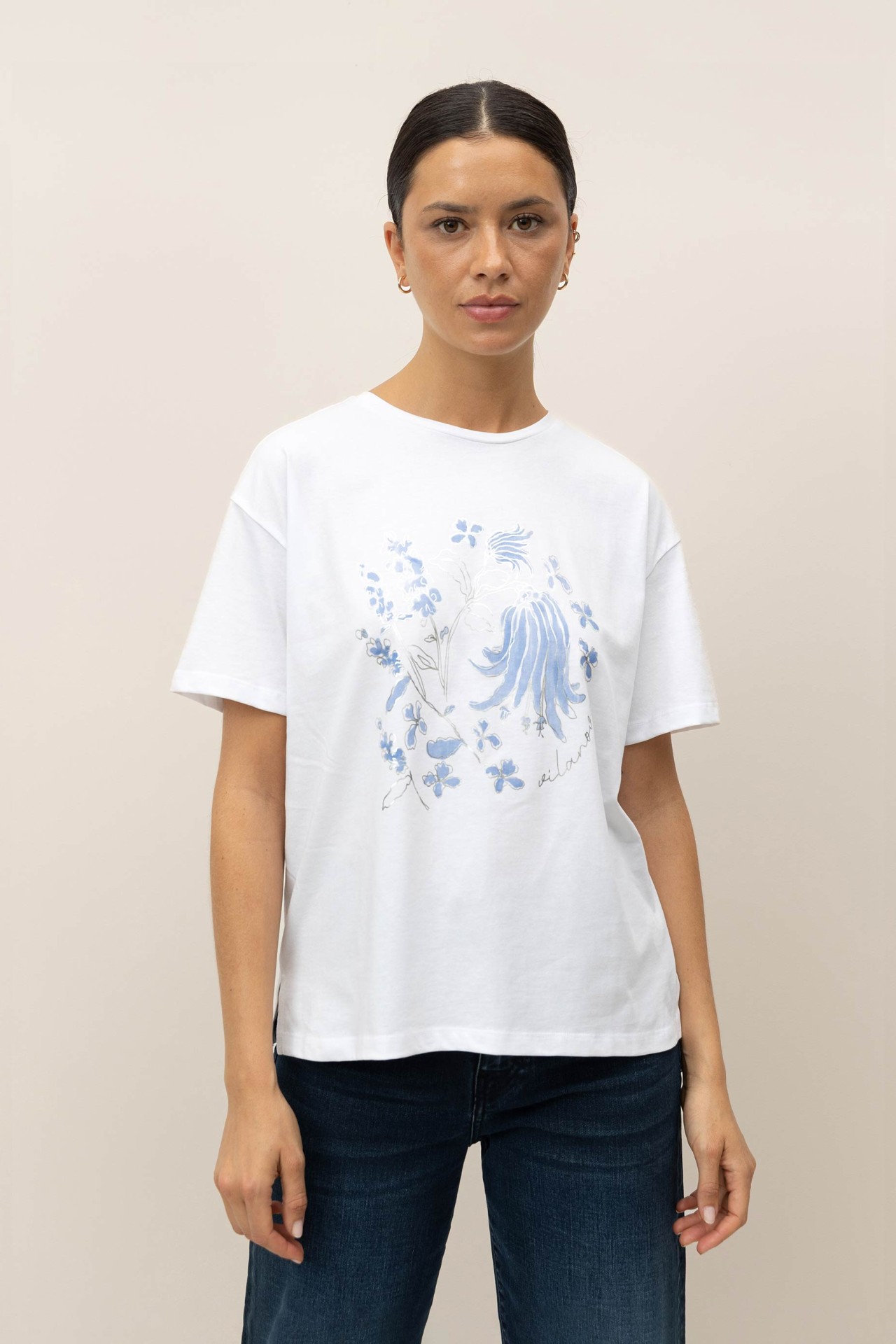 T-Shirt Estampado Floral e Metlico