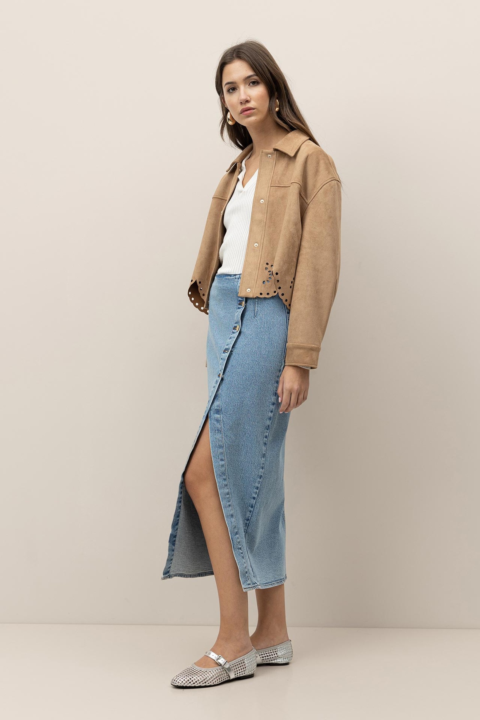 Asymmetric Denim Midi Skirt