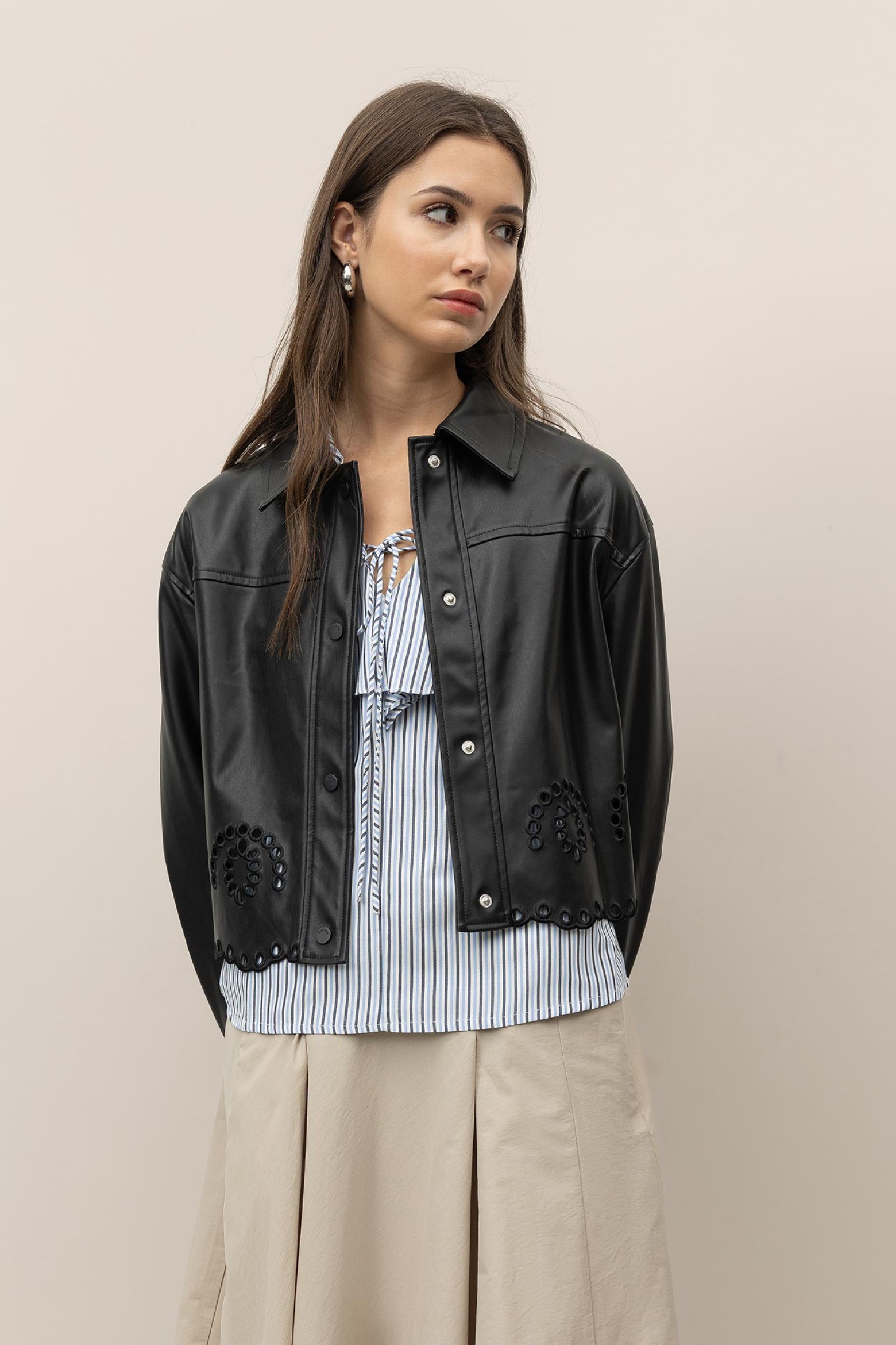 Embroidered Leather Effect Jacket
