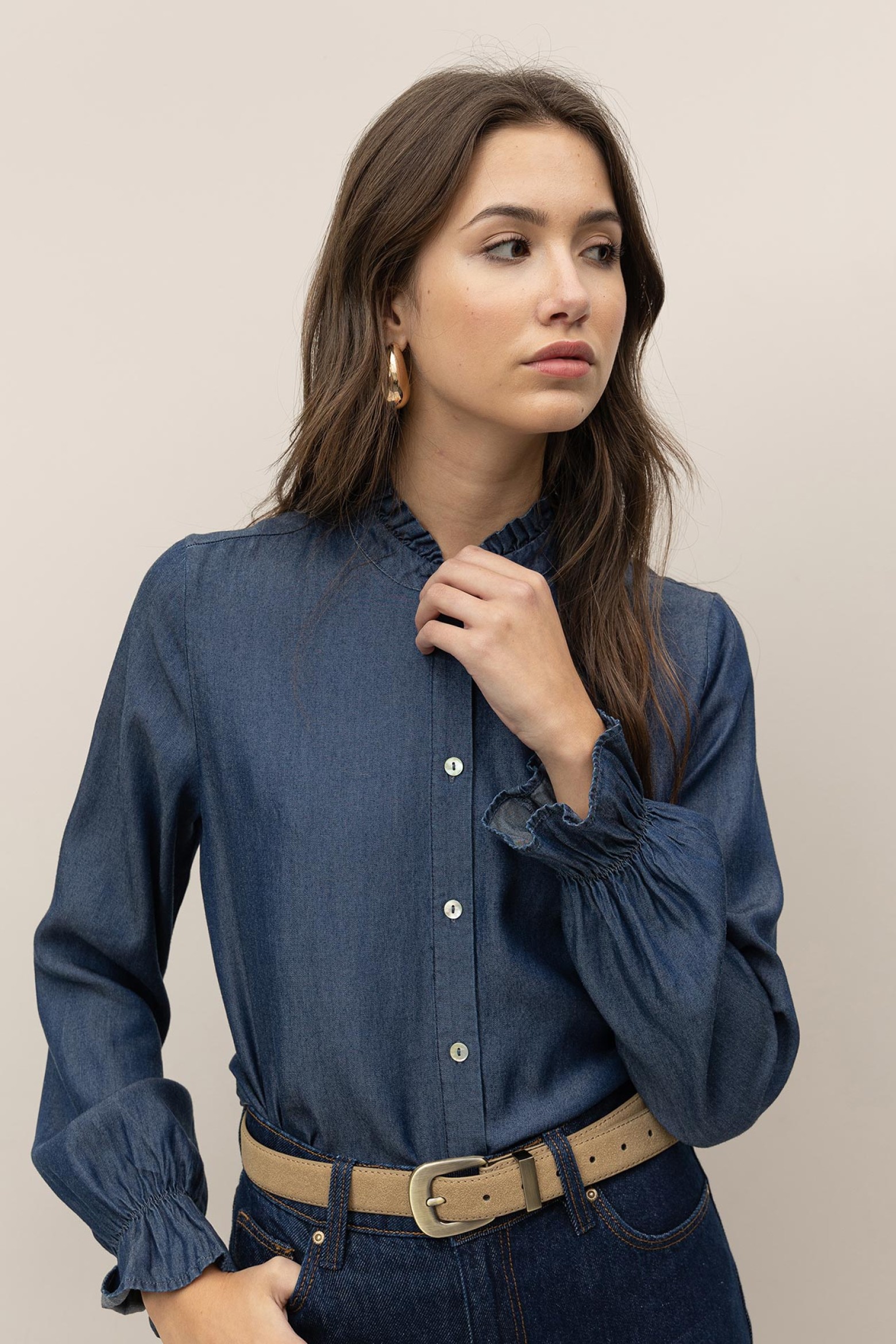 Denim-Effect Mao Collar Shirt