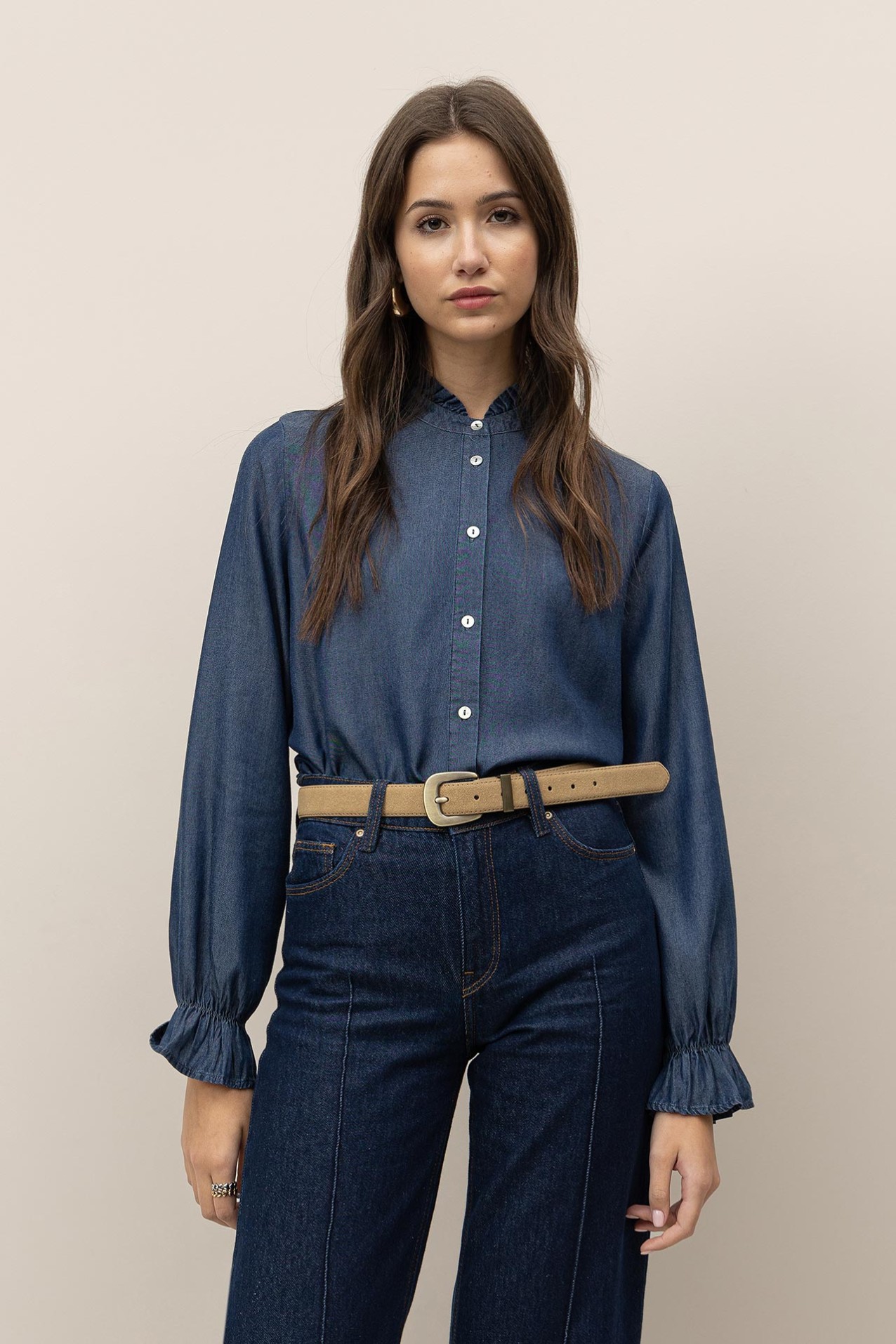 Camisa Efeito Denim Colarinho Mao