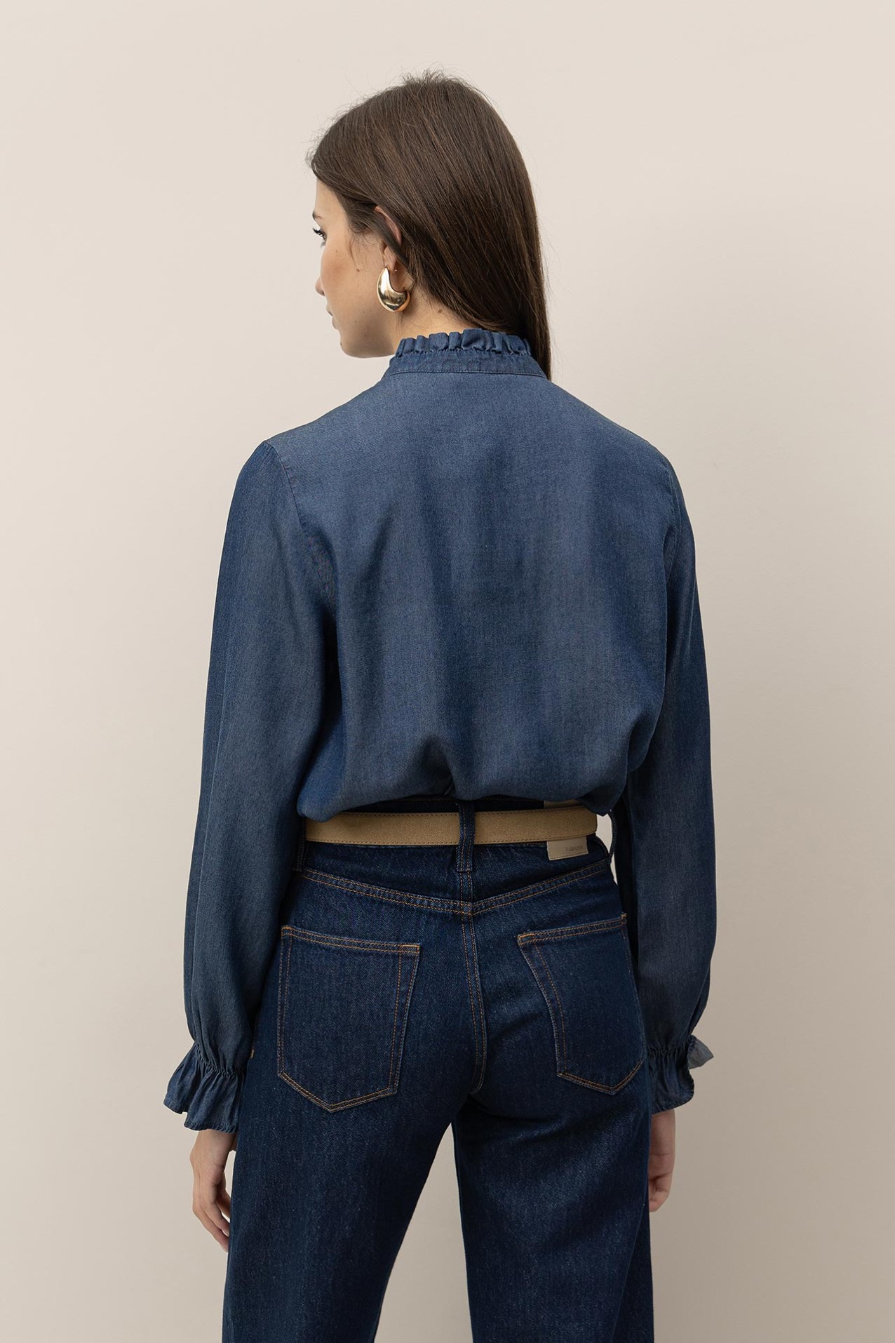 Camisa Efeito Denim Colarinho Mao