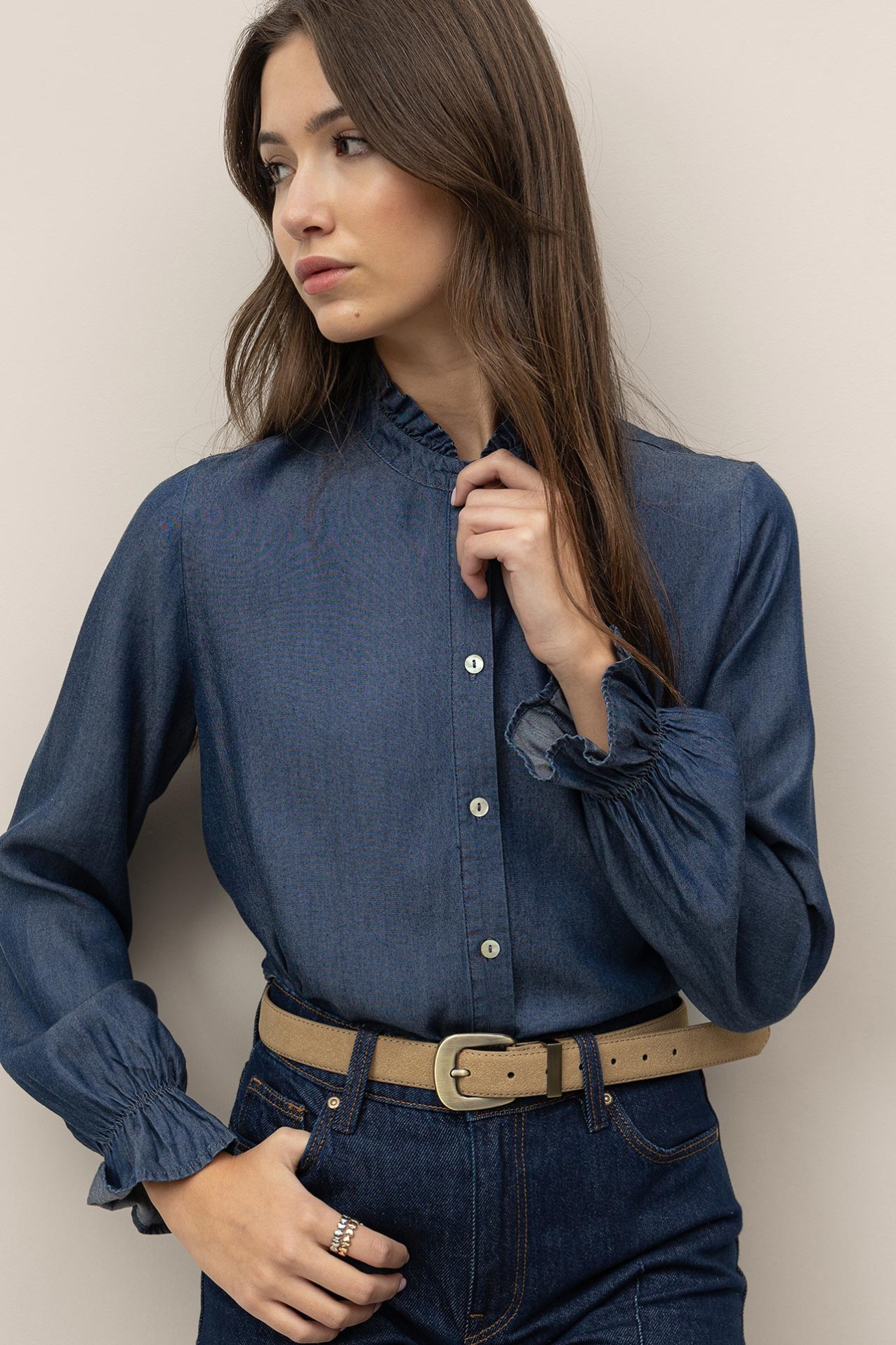 Camisa Efeito Denim Colarinho Mao