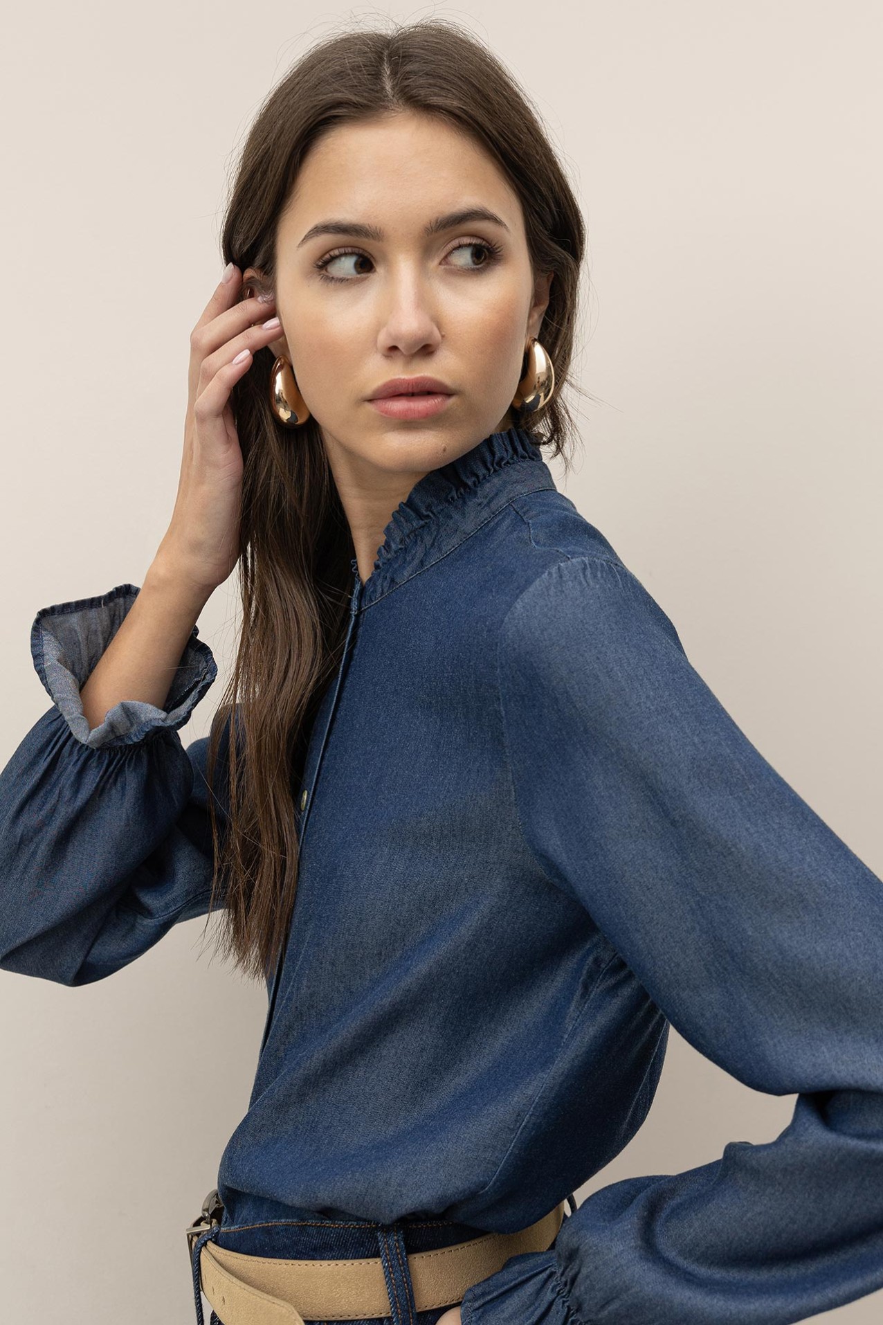 Camisa Efeito Denim Colarinho Mao