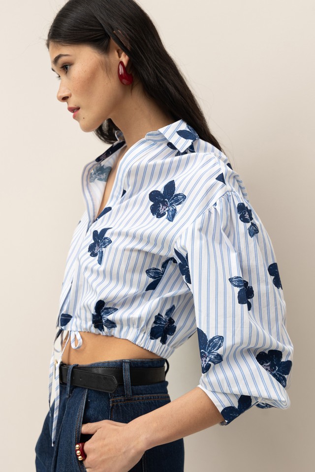 Camisa Cropped Floral a Rayas