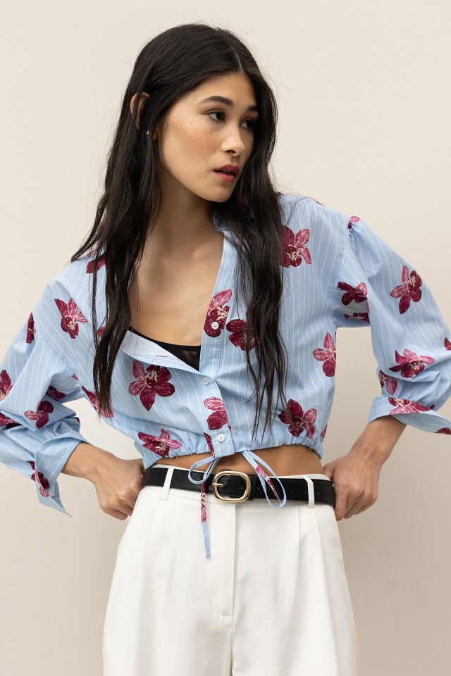 Camisa Cropped Floral a Rayas