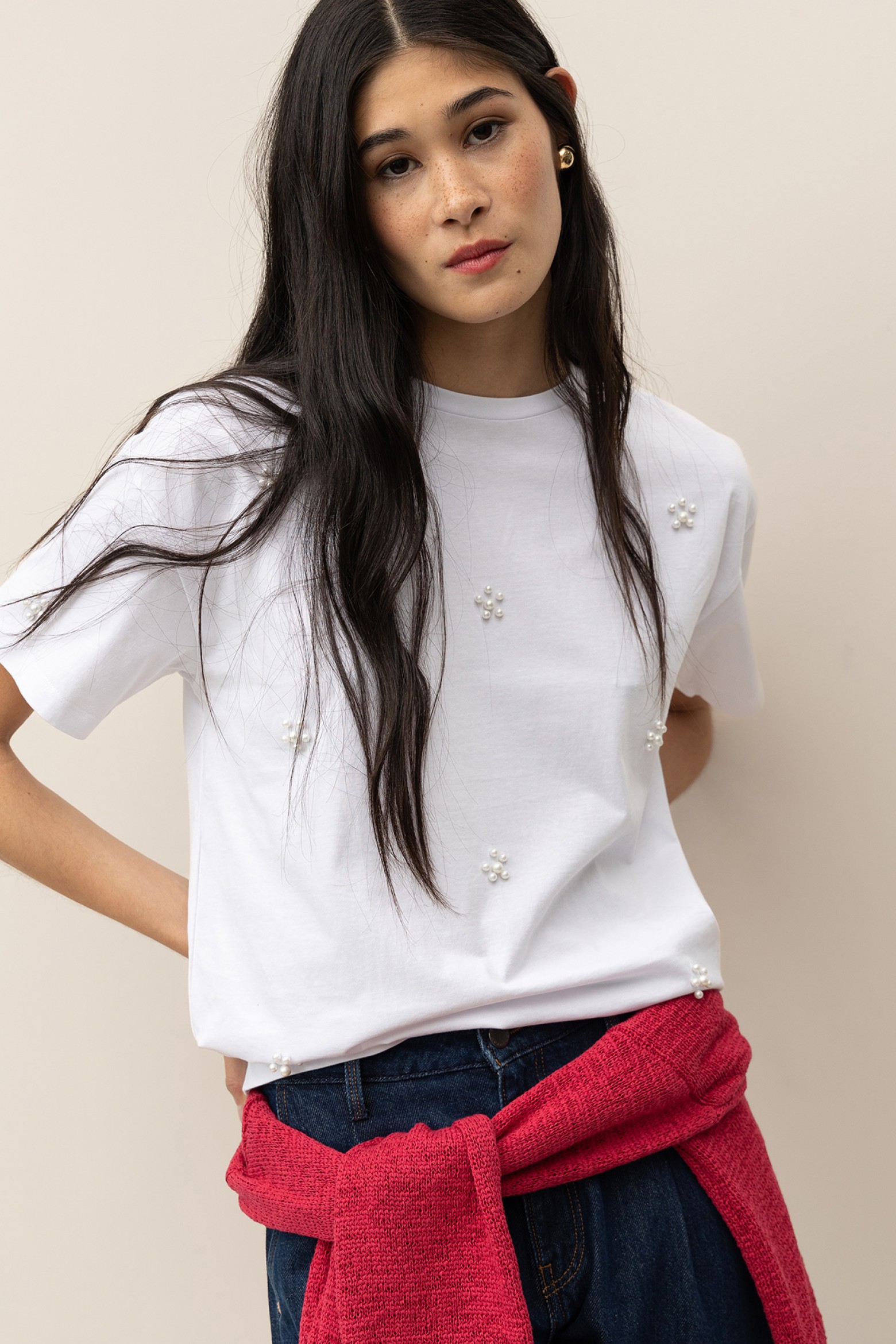 T-shirt Aplicações Efeito Pérola