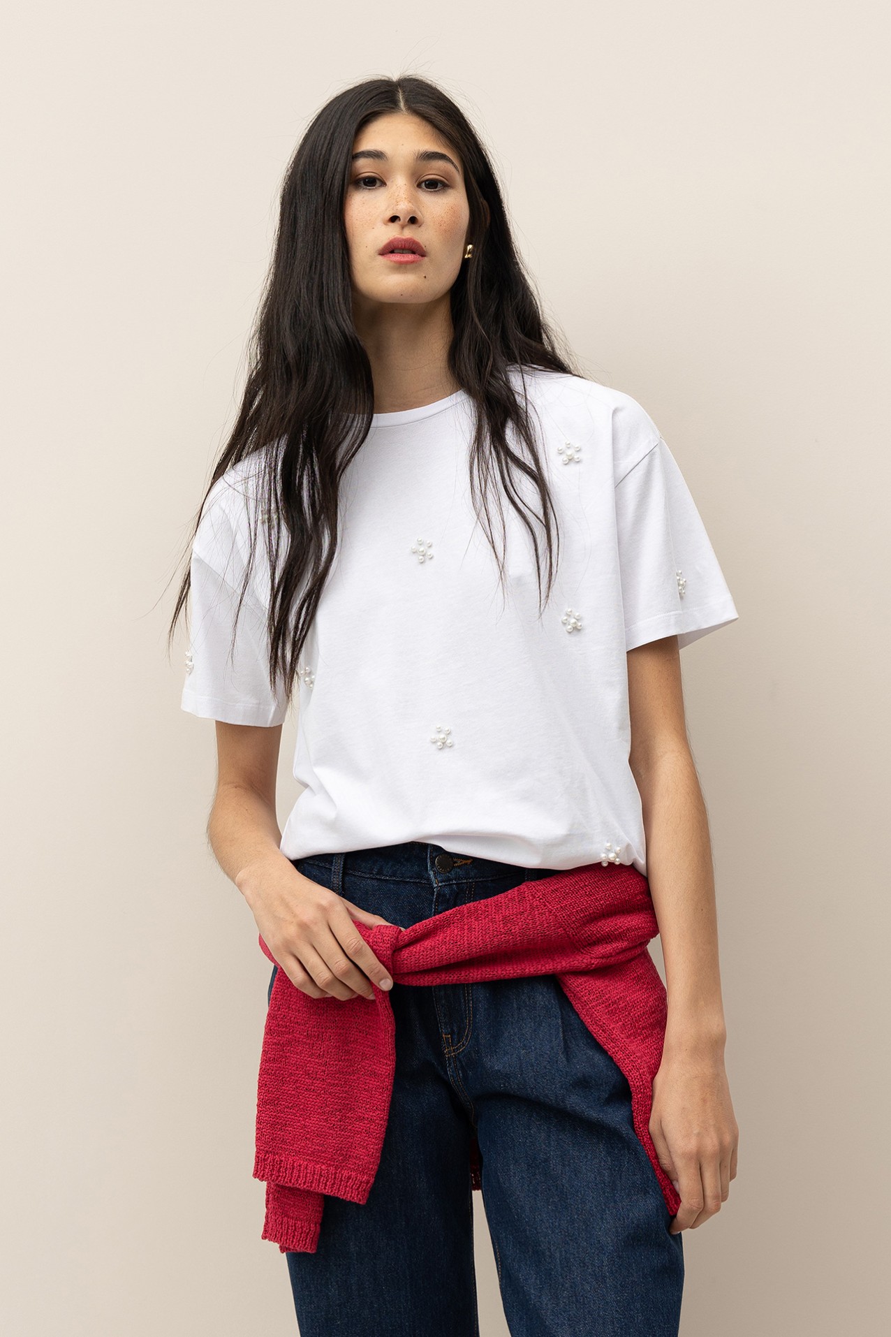 T-shirt Aplicações Efeito Pérola