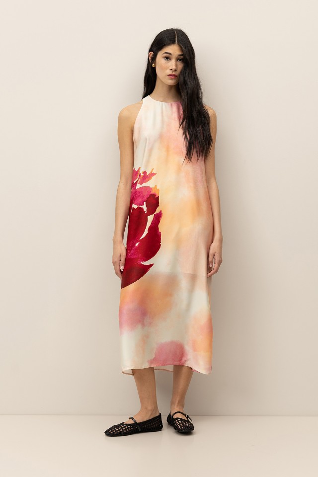 Vestido Midi Satinado Floral