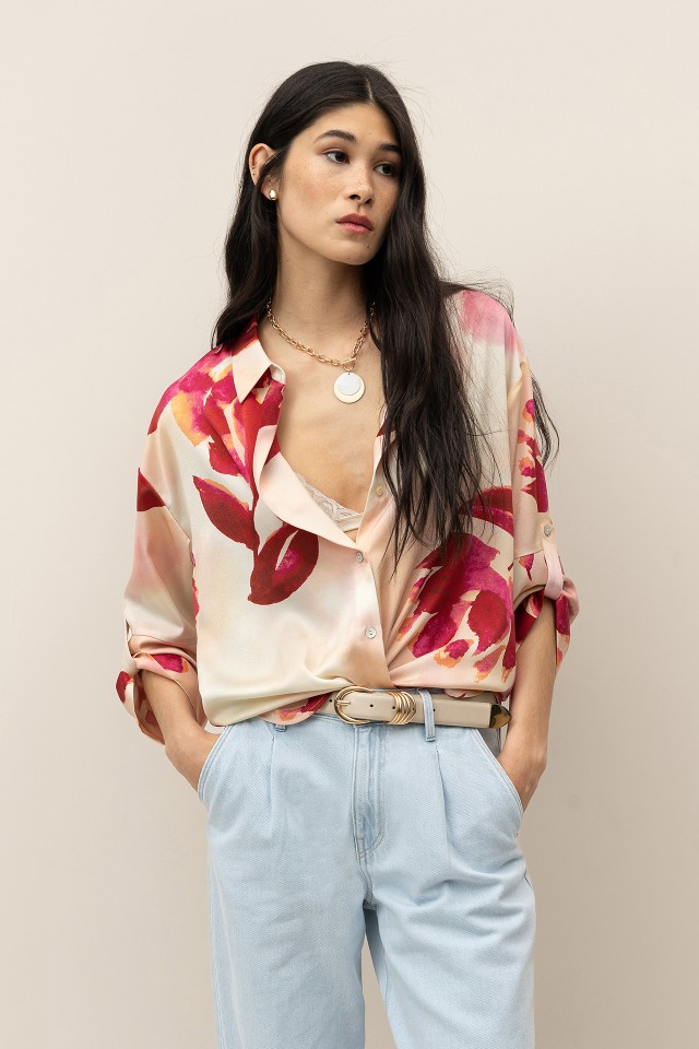 Camisa Acetinada Estampada Floral