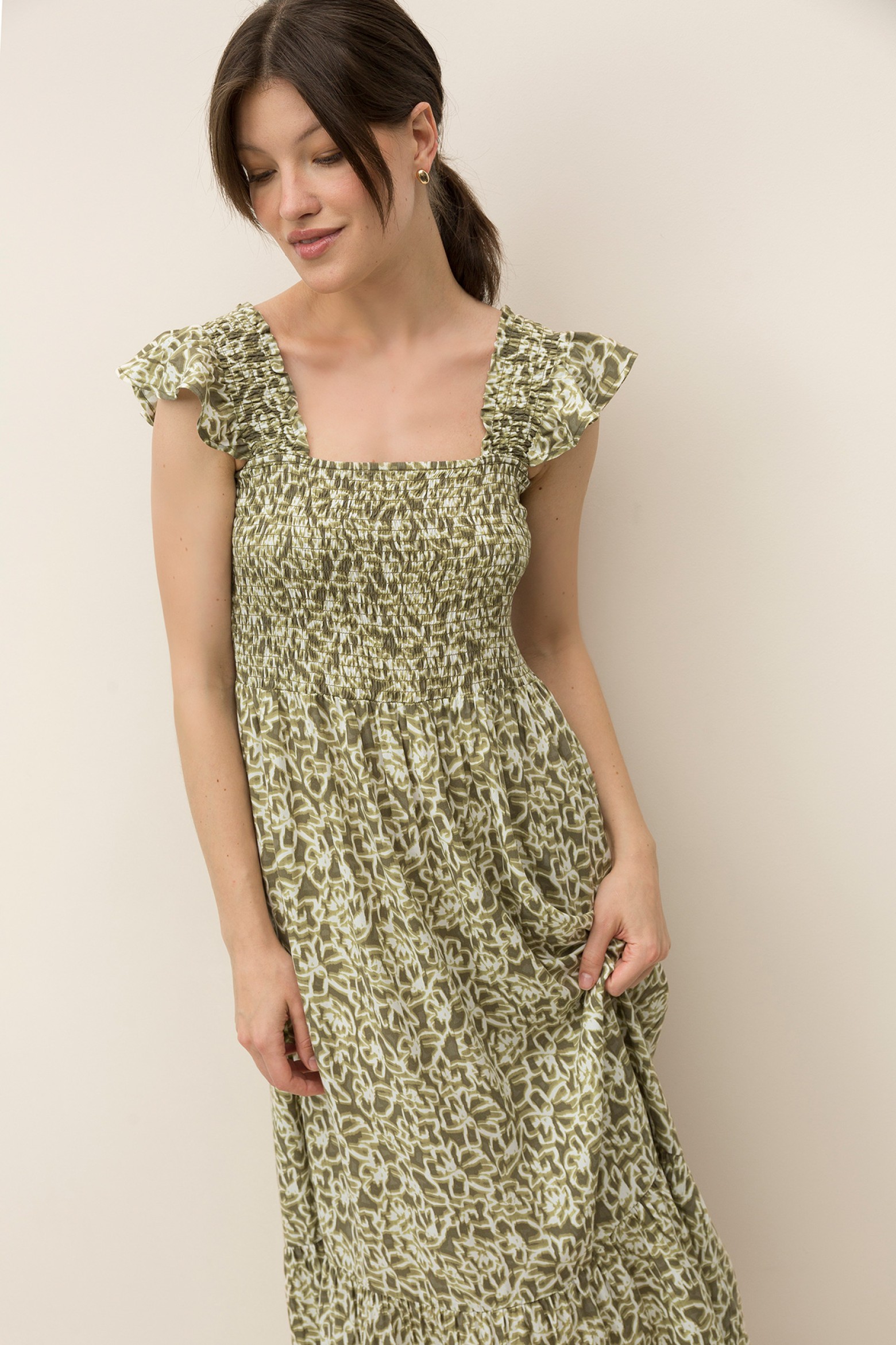 Vestido Midi Estampado com Folhos
