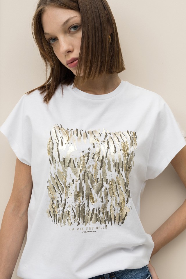 Camiseta Estampada con Lentejuelas