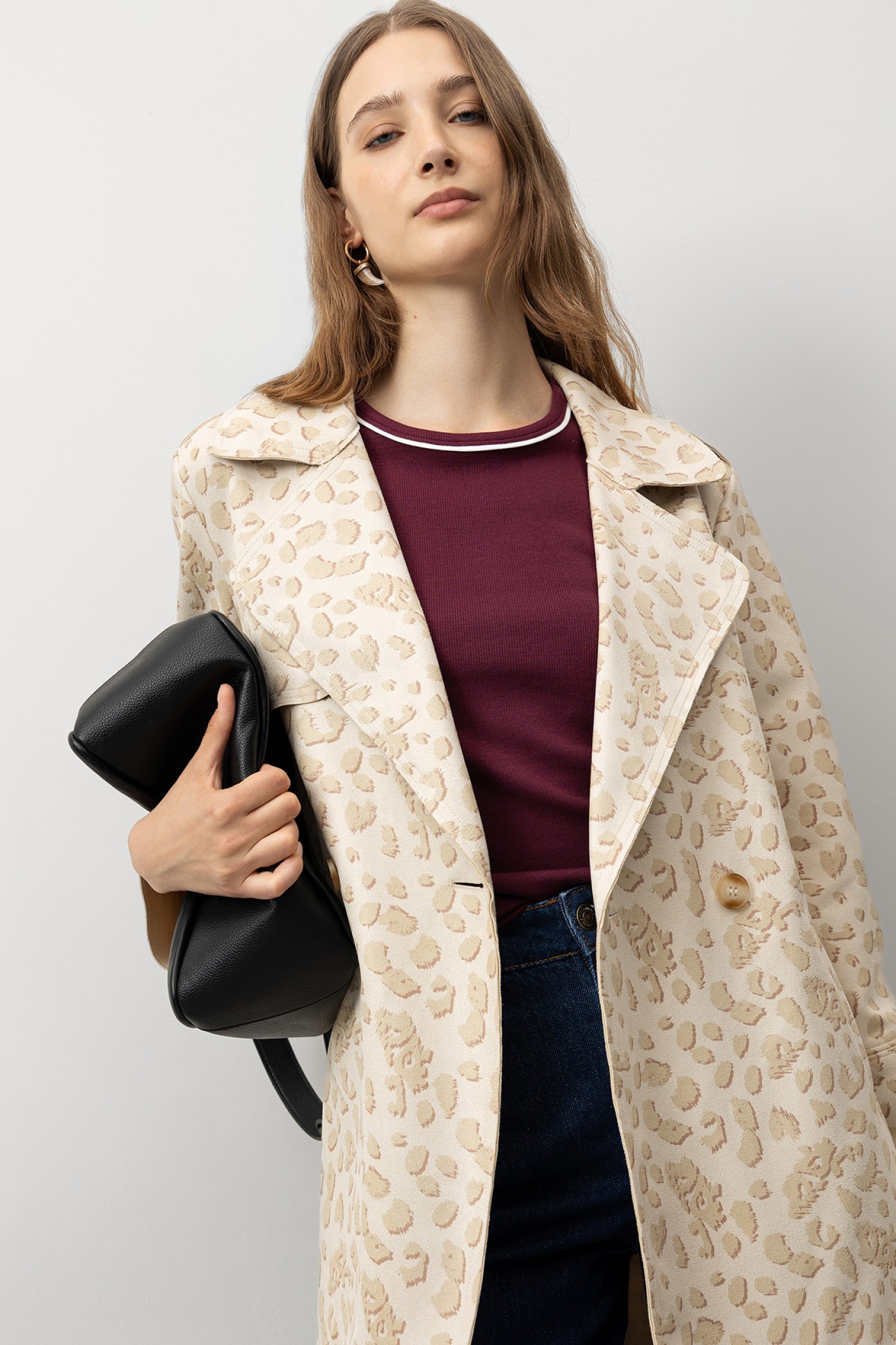 Printed Suede Effect Trench Coat