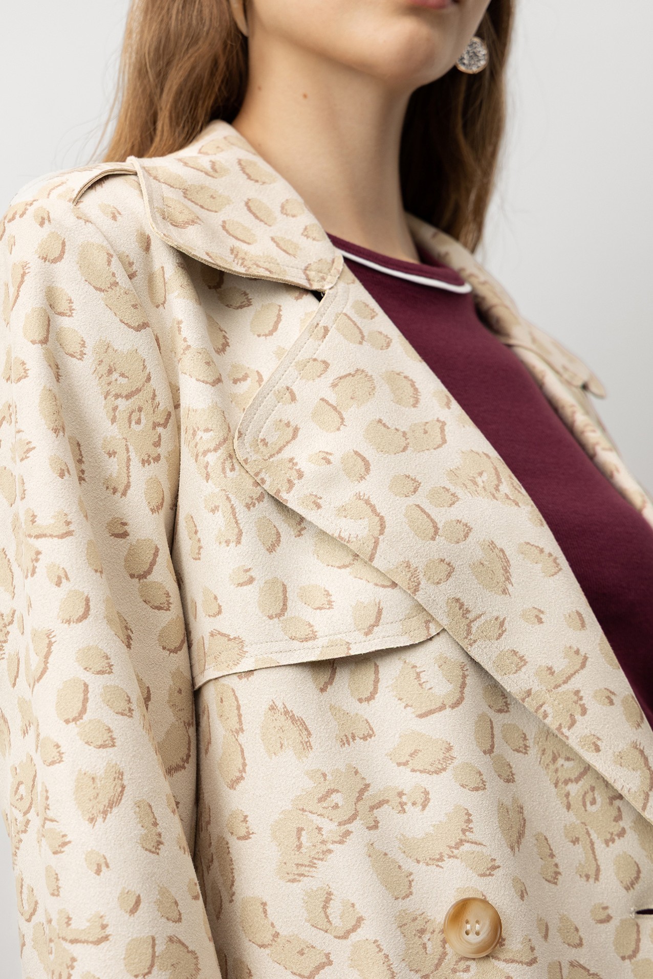 Printed Suede Effect Trench Coat
