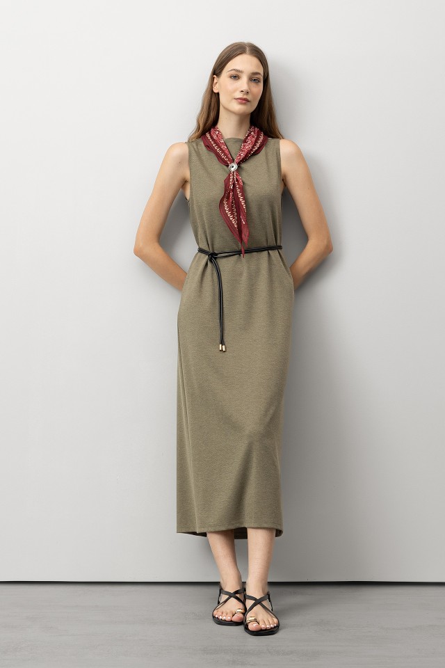 Midi Dress with Drawstring Belt