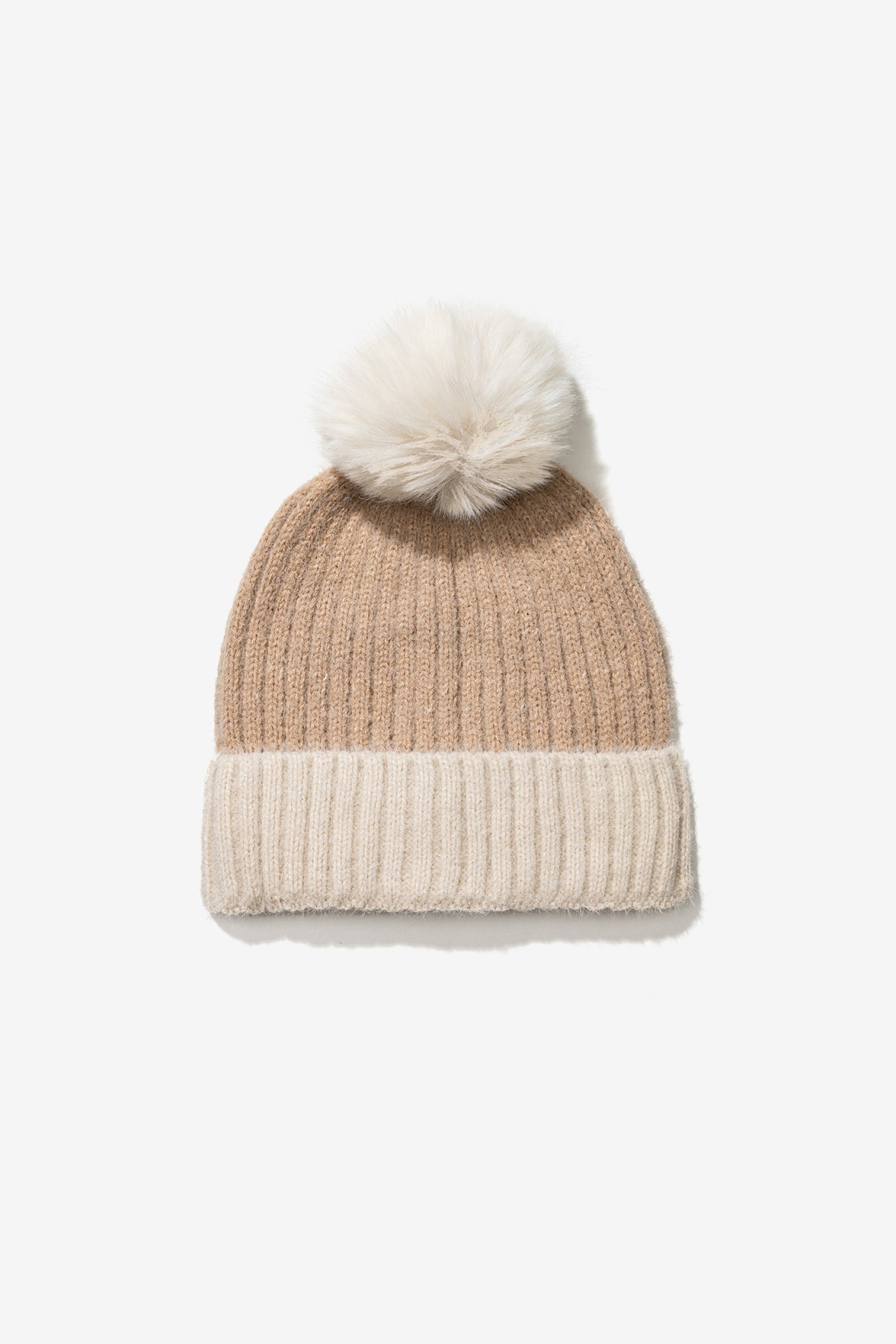 Beige Knit Pom-Pom Hat