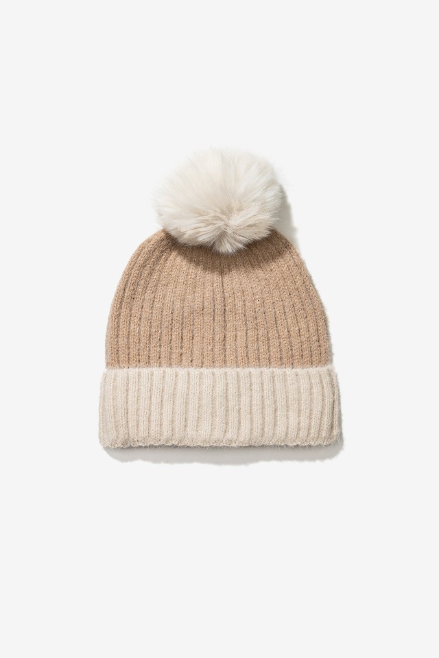 Beige Knit Pom-Pom Hat