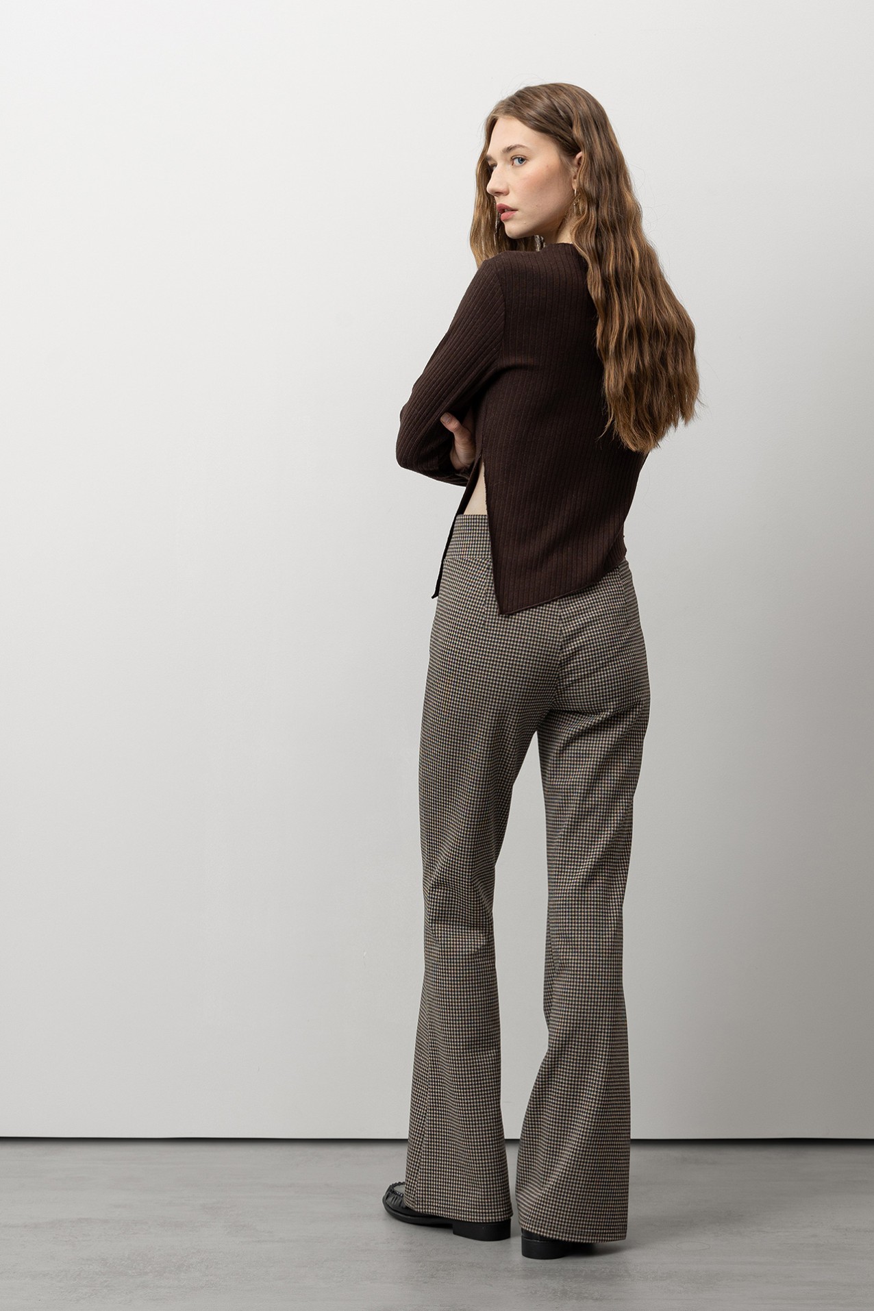 Plaid Knit Flared Trousers