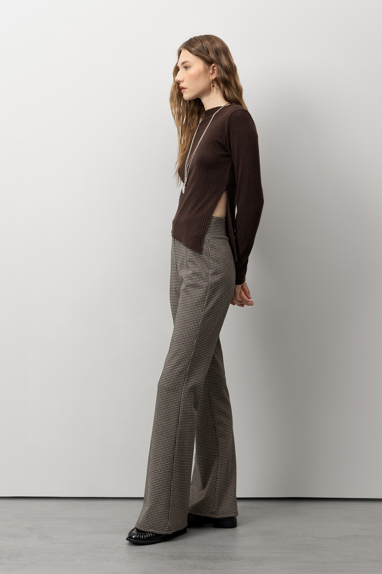 Plaid Knit Flared Trousers