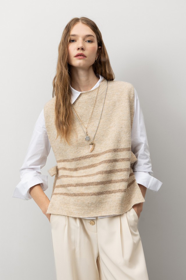 Beige Striped Knit Vest
