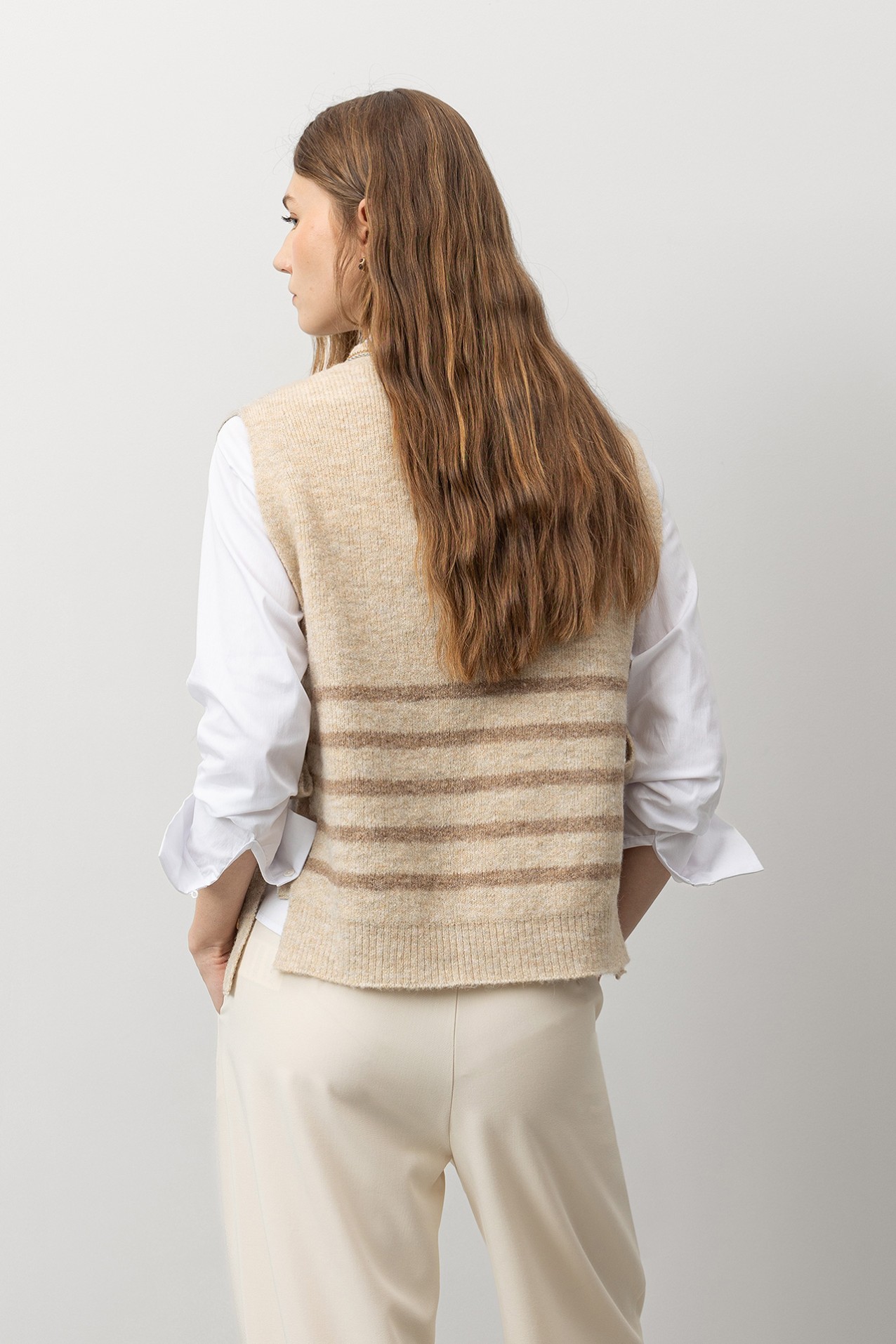Beige Striped Knit Vest