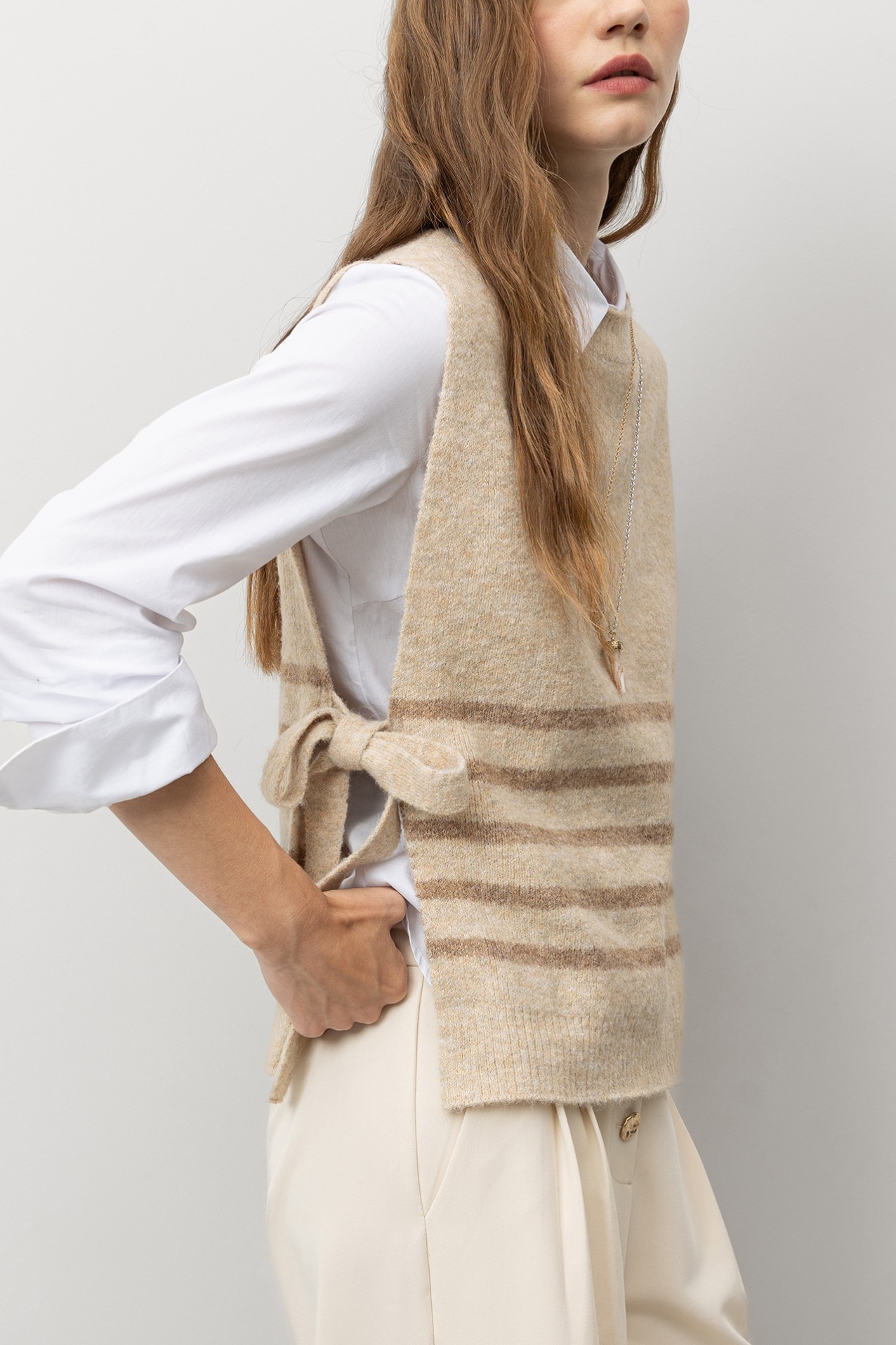 Beige Striped Knit Vest