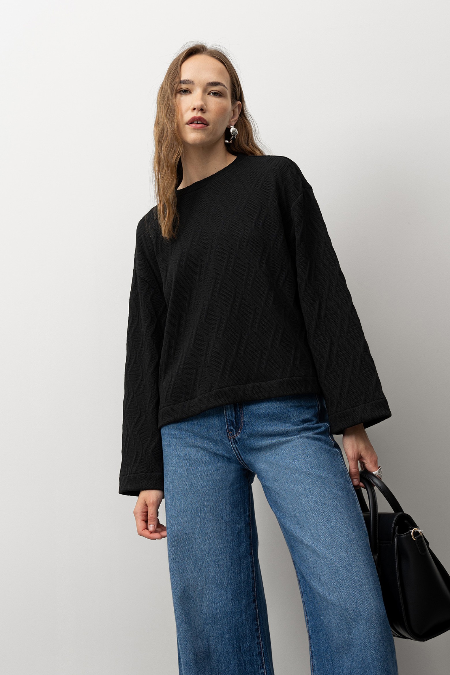 Black Textured Long Sleeve Tee