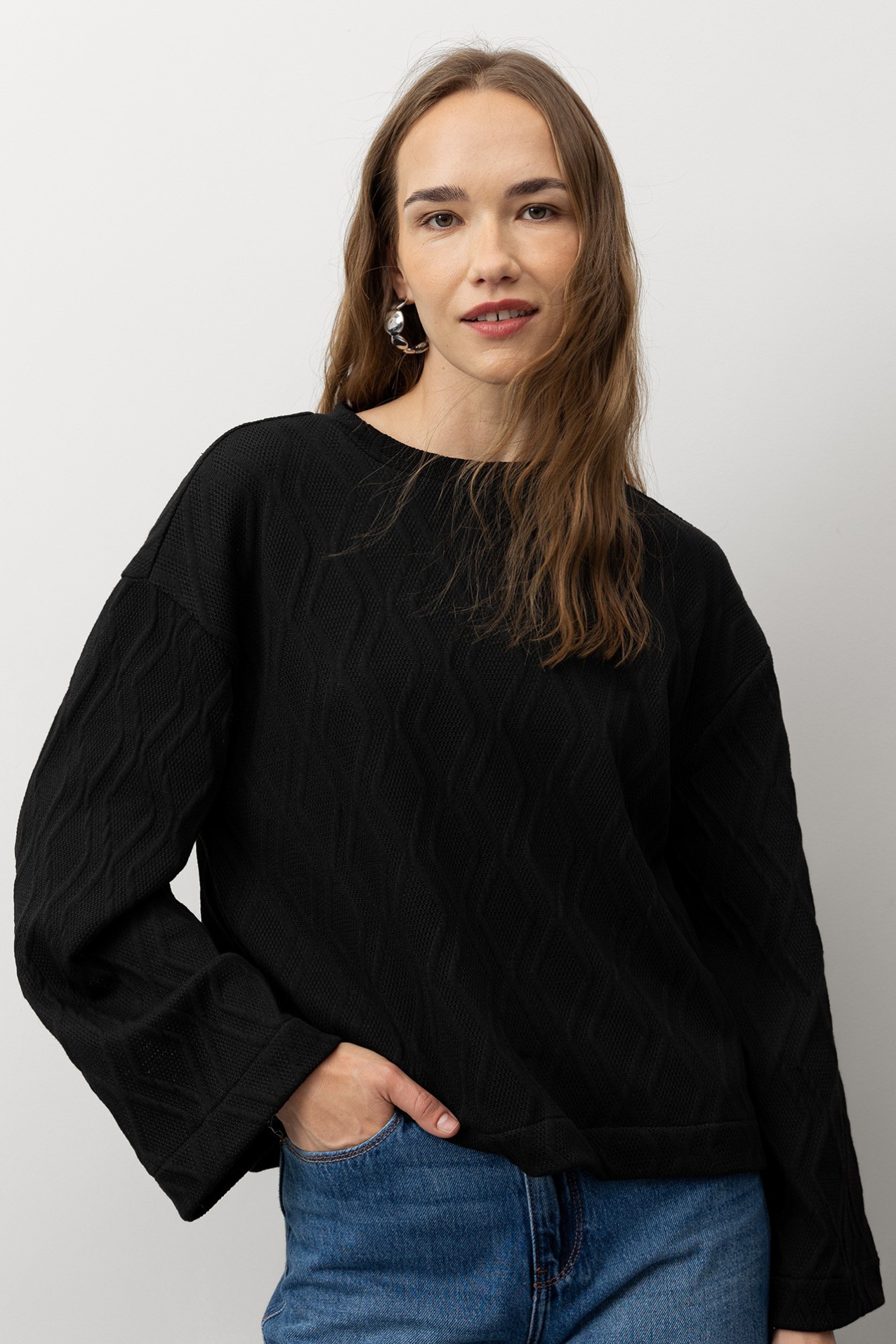 Black Textured Long Sleeve Tee