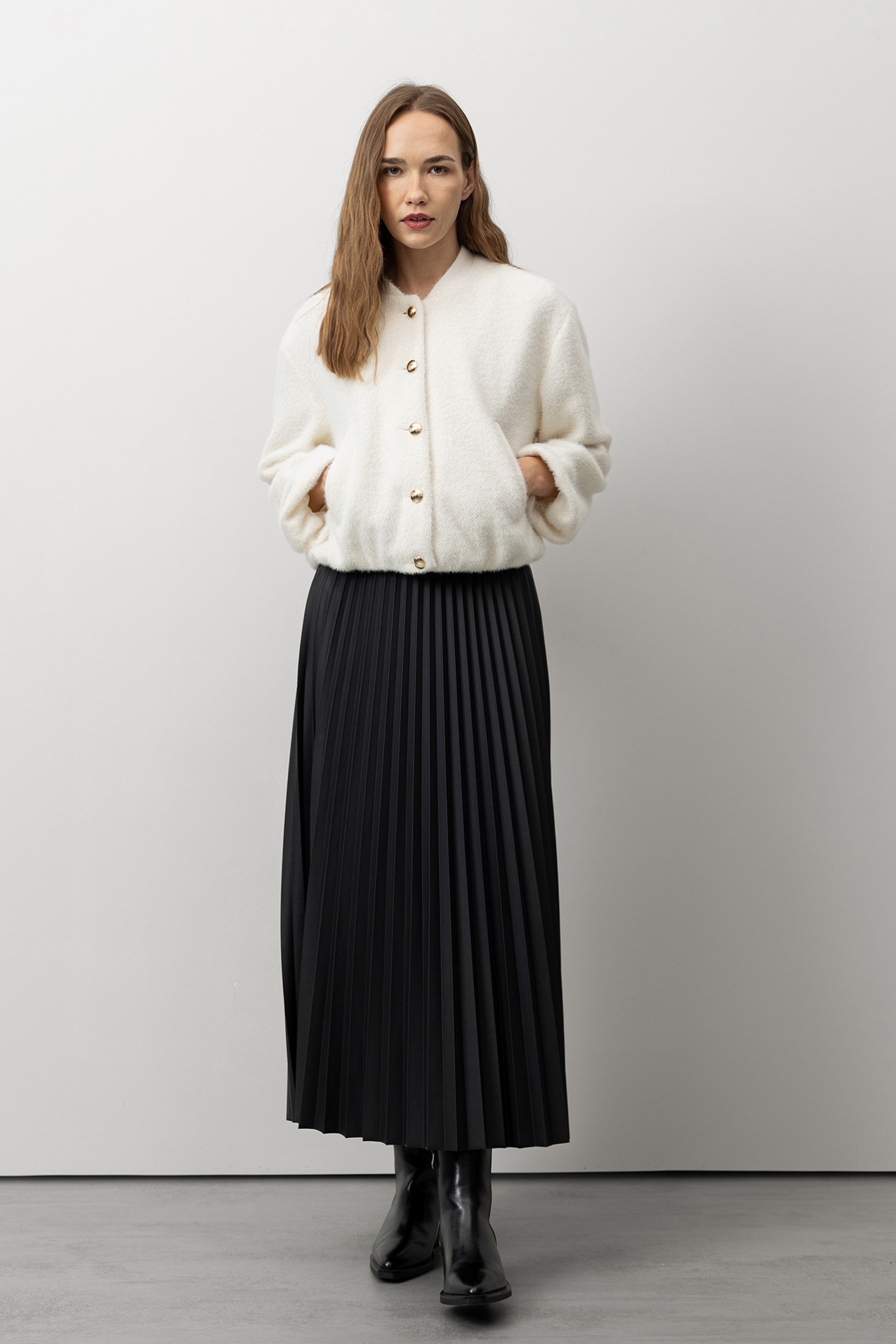 Black Pleated Midi Skirt