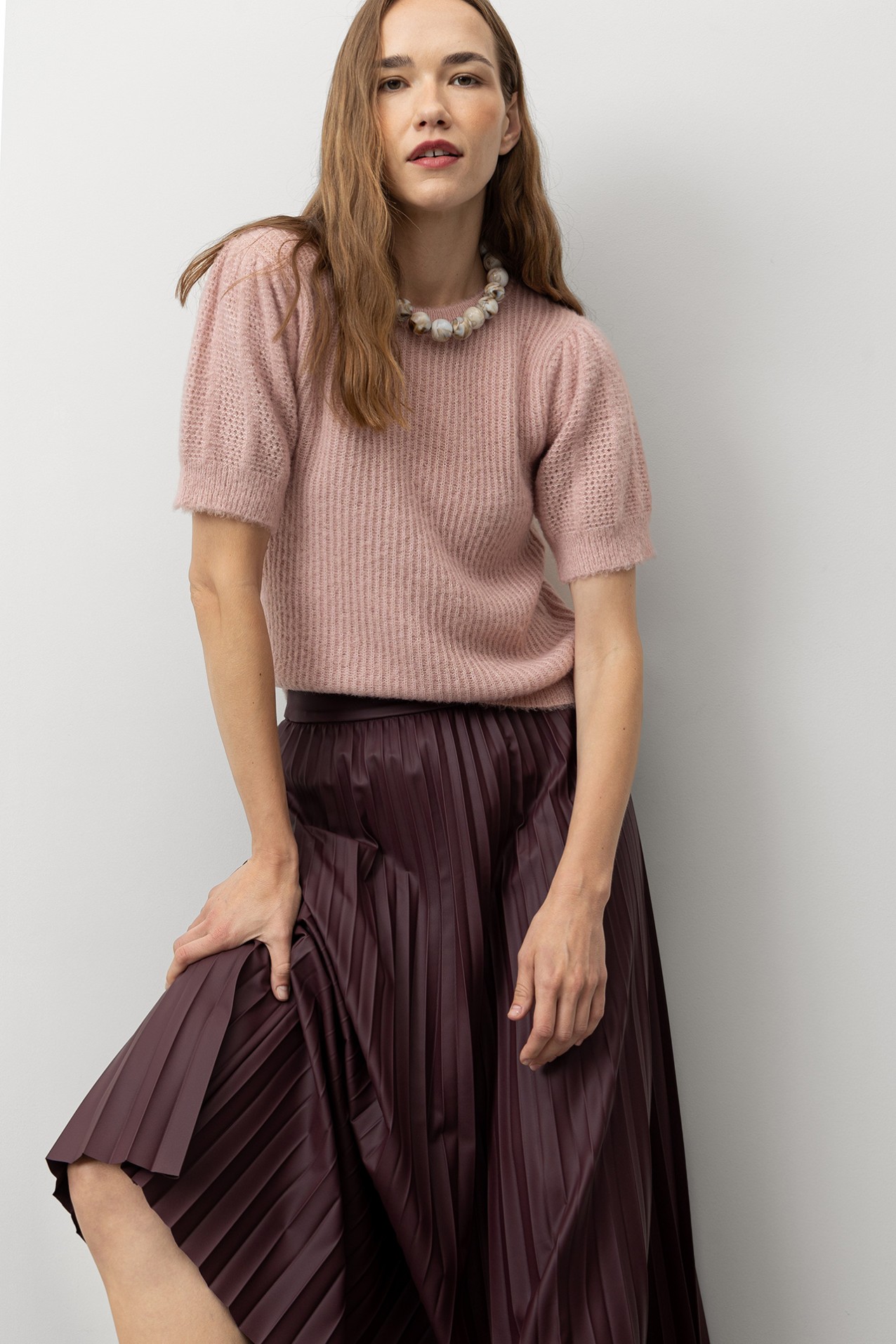 Wine-Toned Pleated Midi Skirt