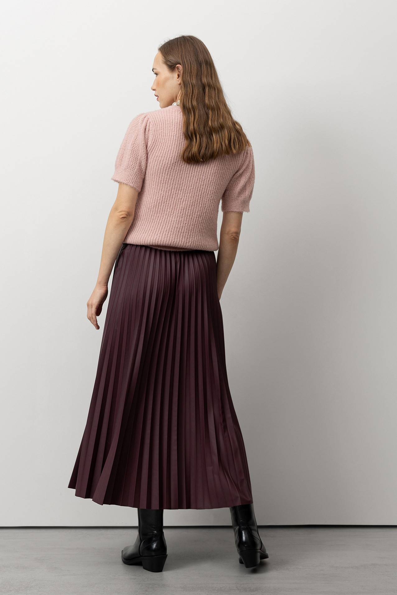 Wine-Toned Pleated Midi Skirt