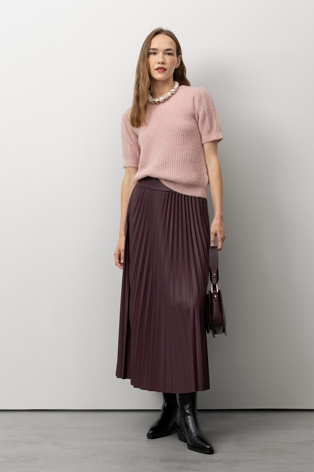 Wine-Toned Pleated Midi Skirt