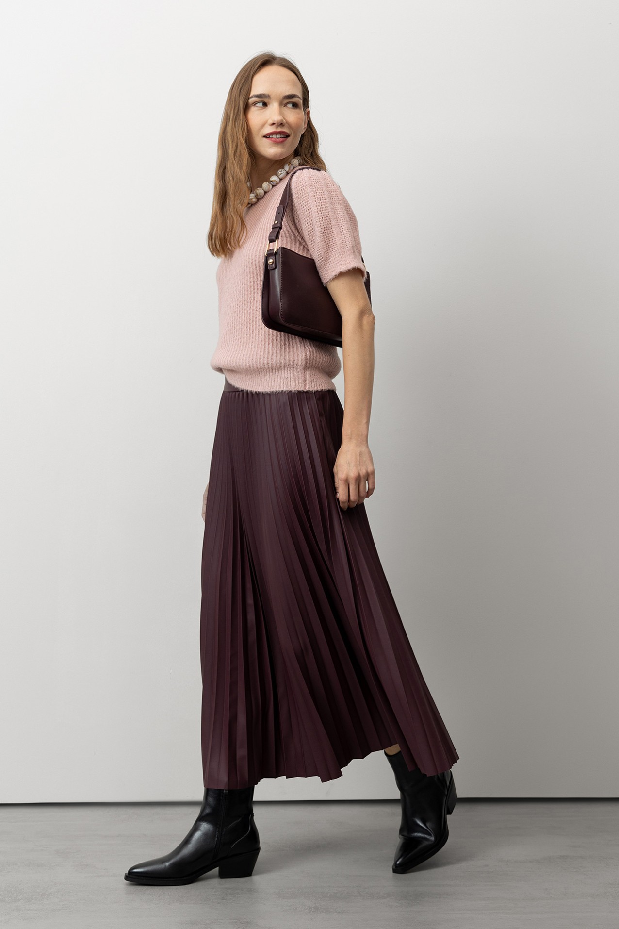 Wine-Toned Pleated Midi Skirt