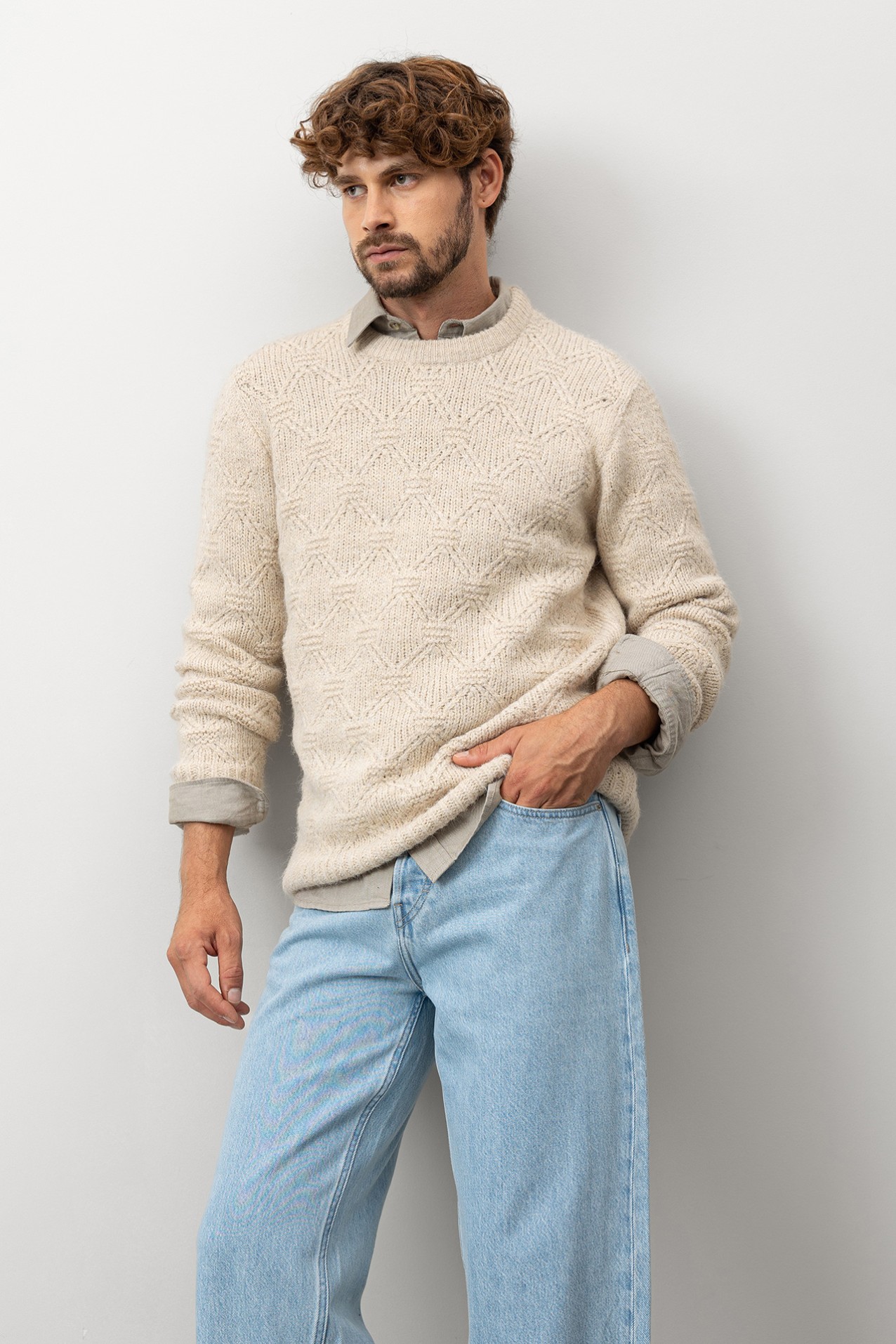 Beige Textured Knit Sweater