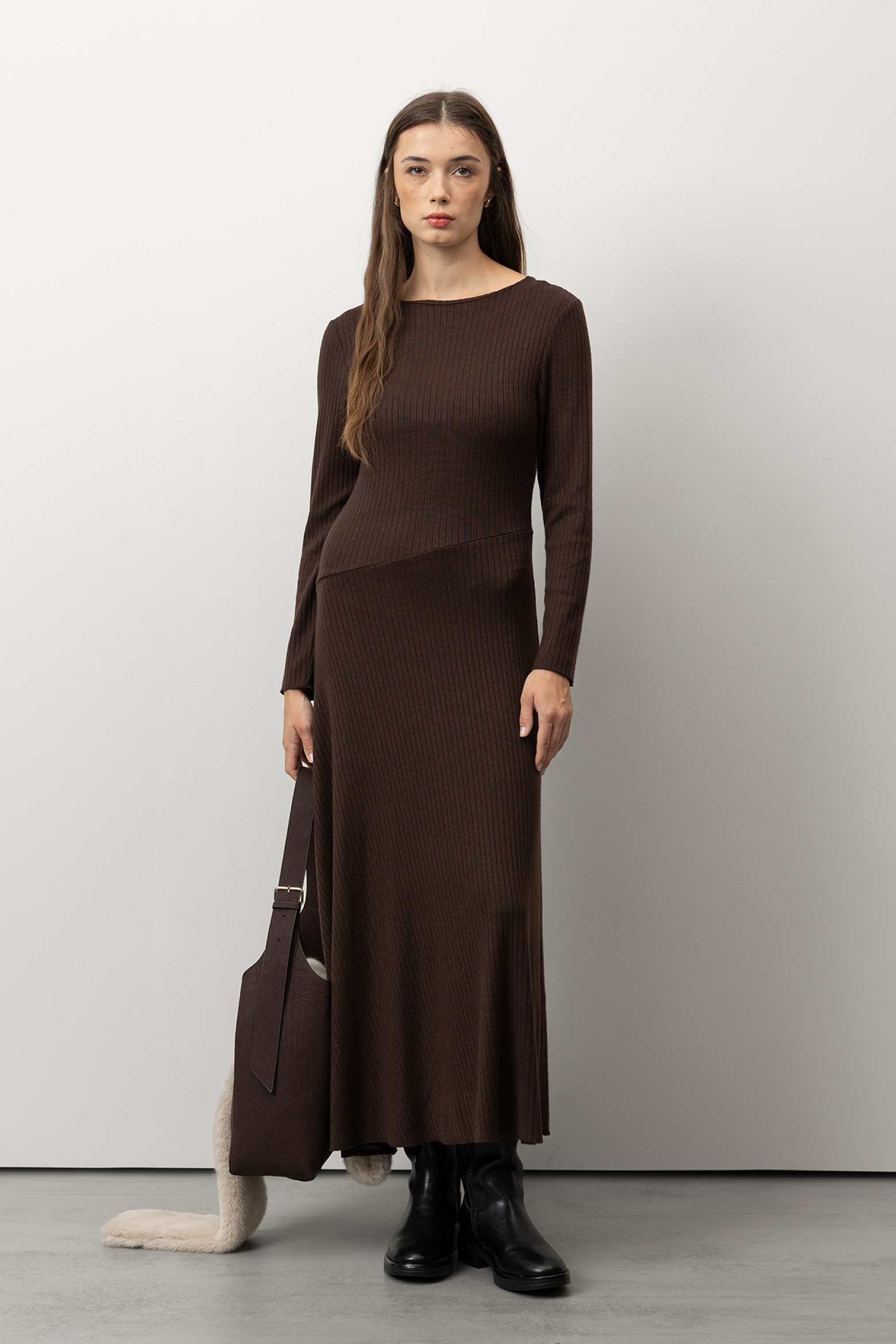 Brown Ribbed Long Dress