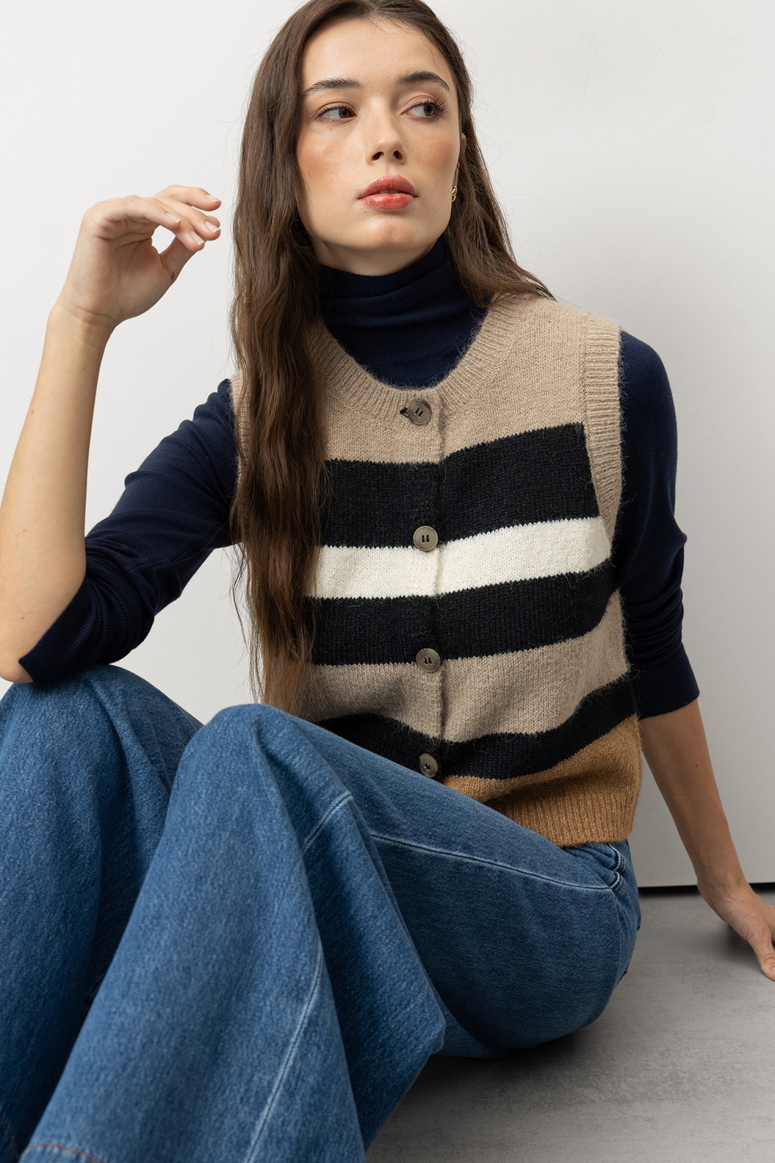 Beige Striped Knit Vest