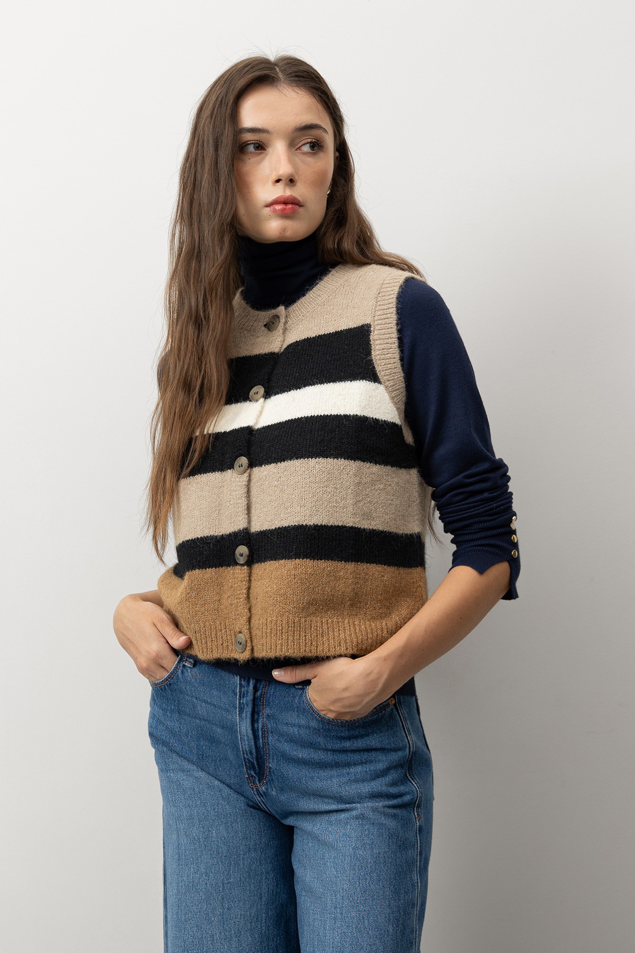 Beige Striped Knit Vest