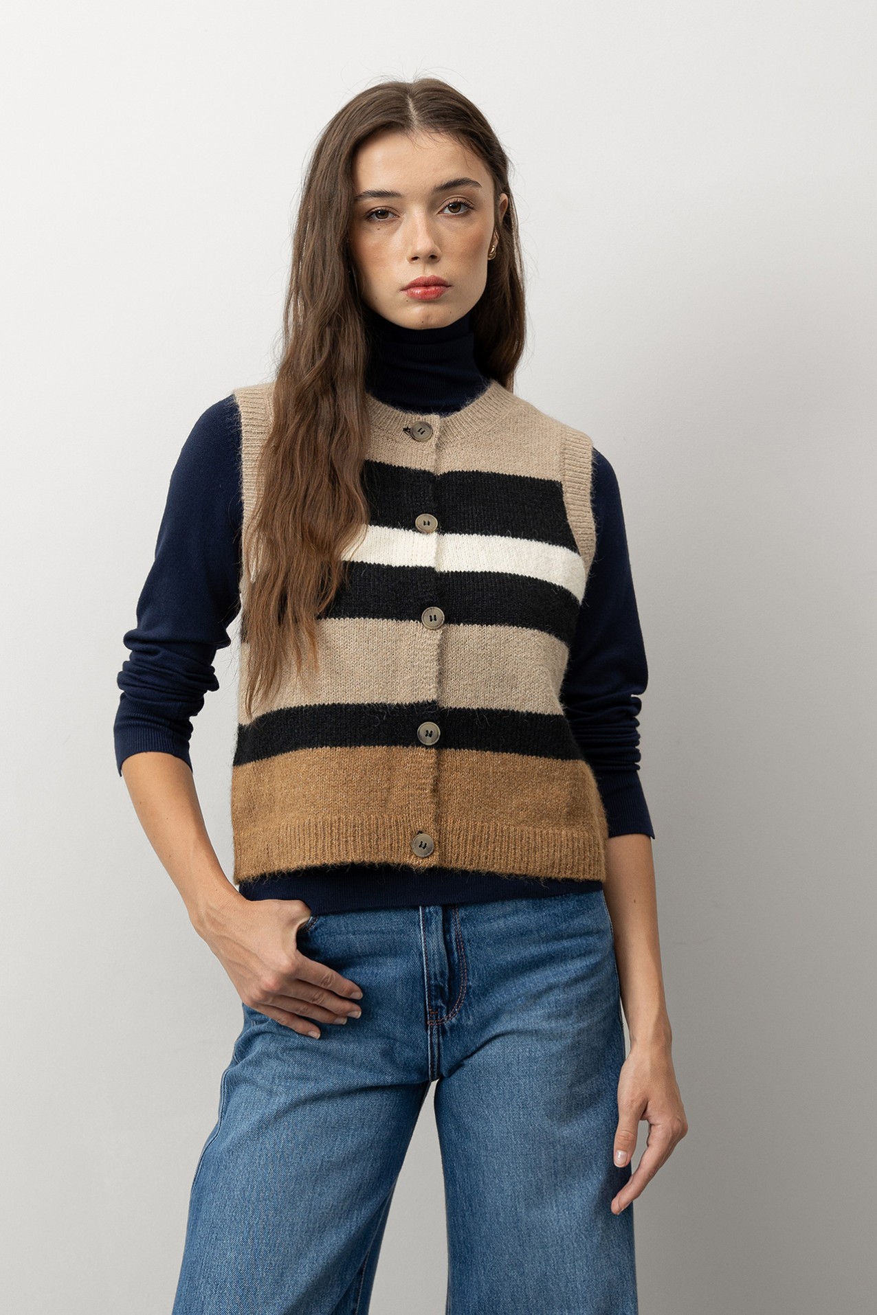 Beige Striped Knit Vest