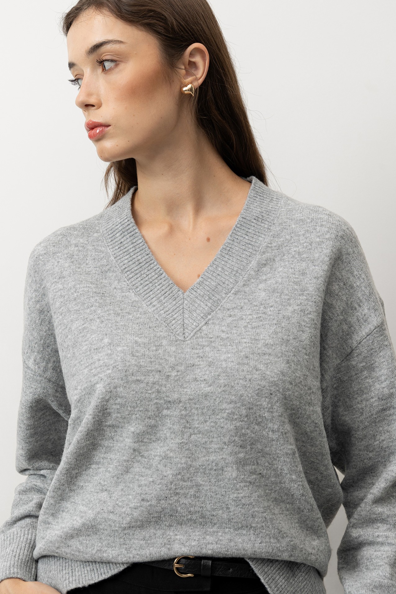 Grey V-Neck Knit Sweater