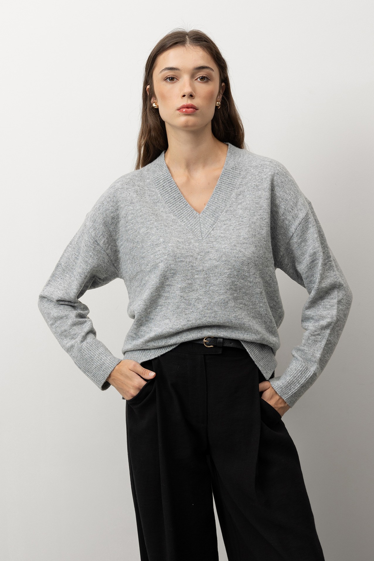 Grey V-Neck Knit Sweater
