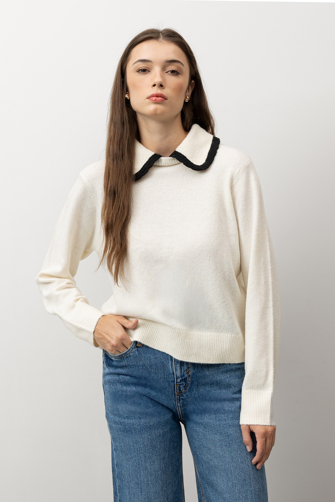 Cream Sweater with Black Collar