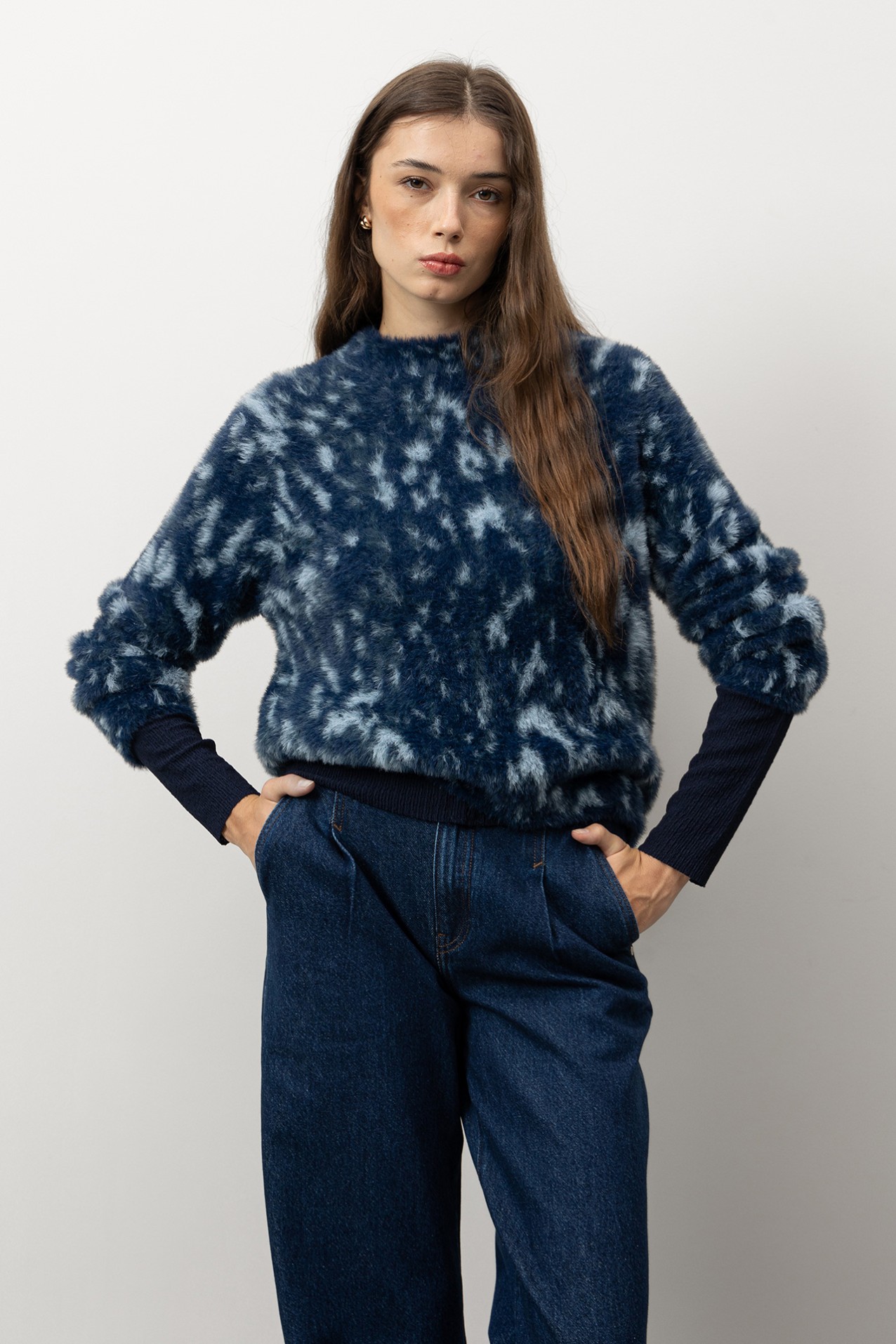 Blue Patterned Knit Sweater