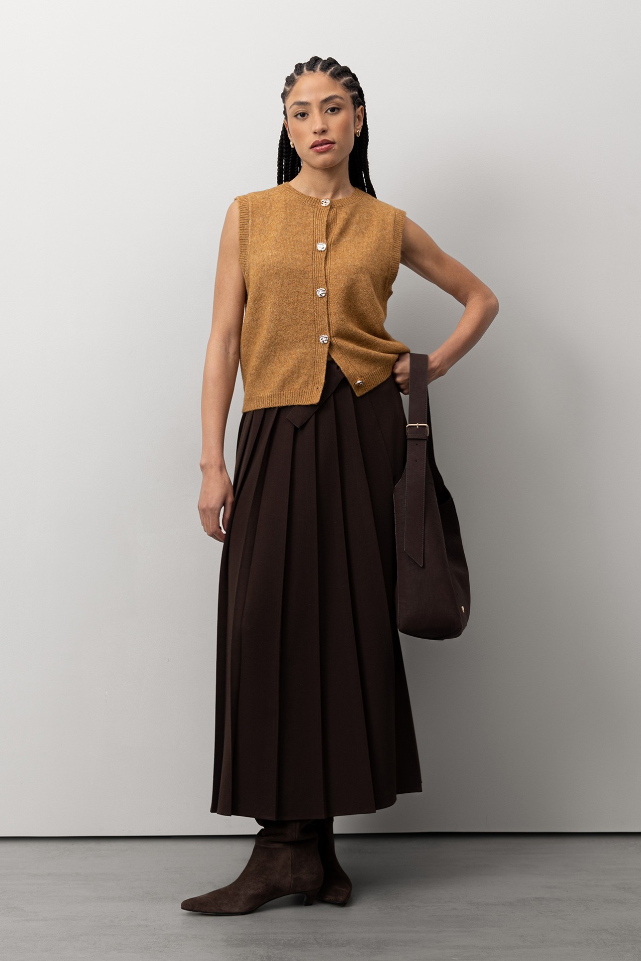 Saia Midi Plissada Castanha