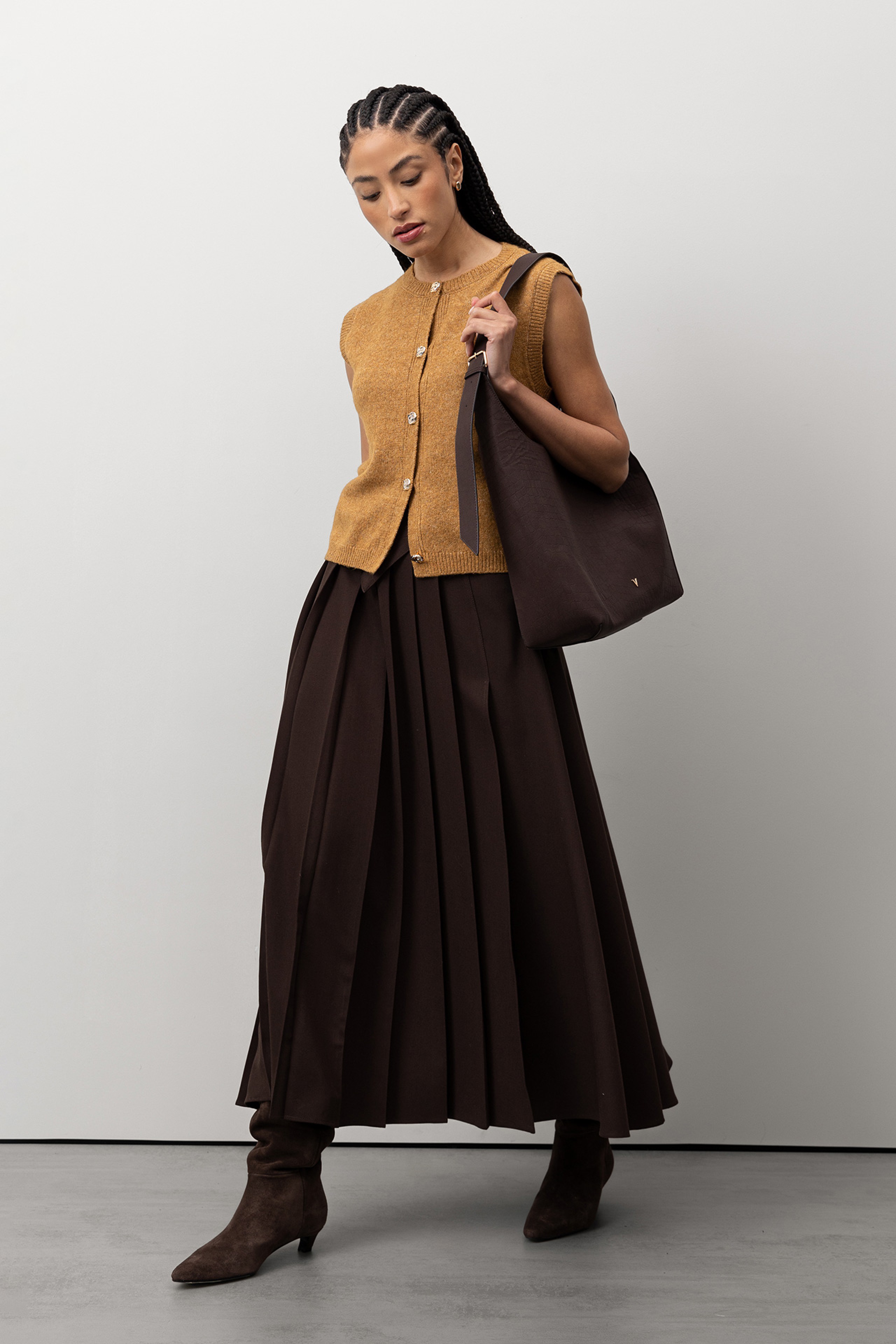 Brown Pleated Midi Skirt - 71013046_215 - Vilanova