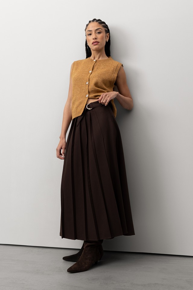 Saia Midi Plissada Castanha Saia Midi Plissada Castanha