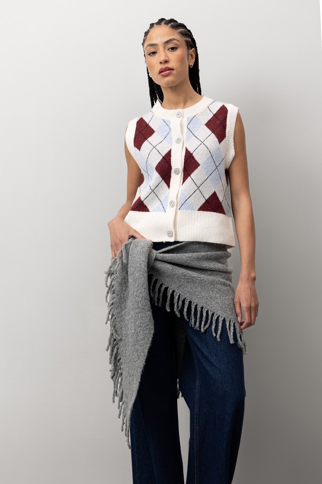 Sleeveless Argyle Cardigan