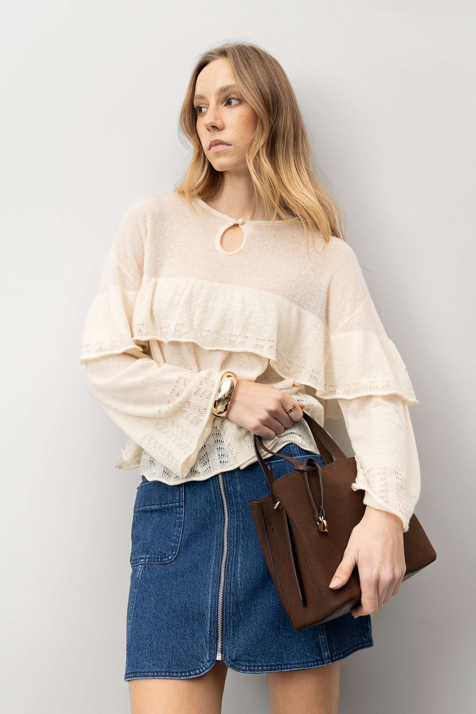 Beige Ruffled Knit Sweater