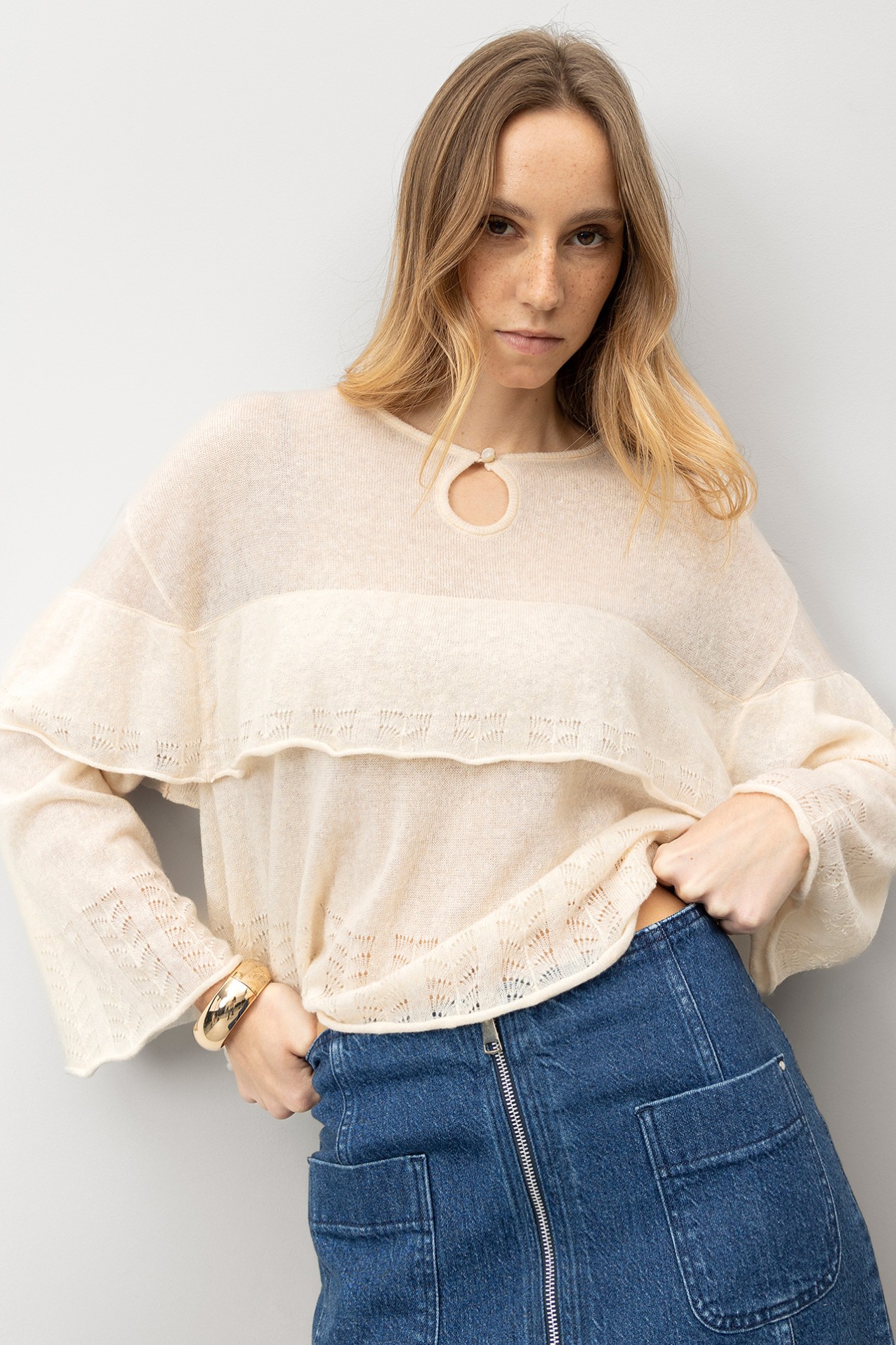 Beige Ruffled Knit Sweater