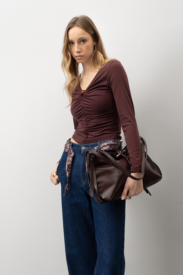 Brown Ruched Long Sleeve Tee