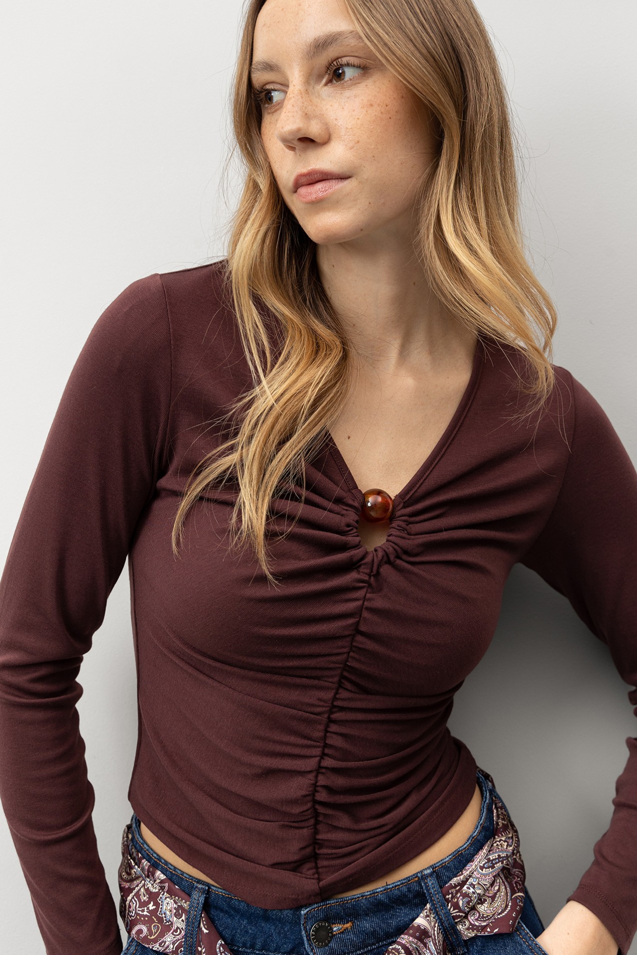 Brown Ruched Long Sleeve Tee